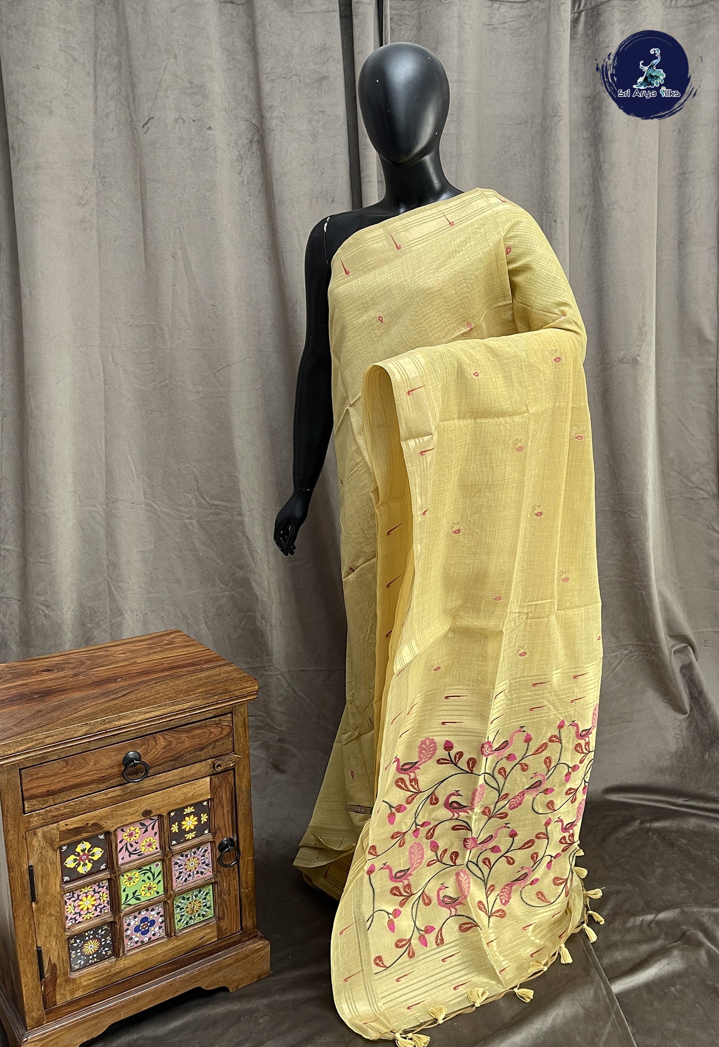 Creamish Yellow Tissue Banarasi Saree With Zari Buttas Pattern