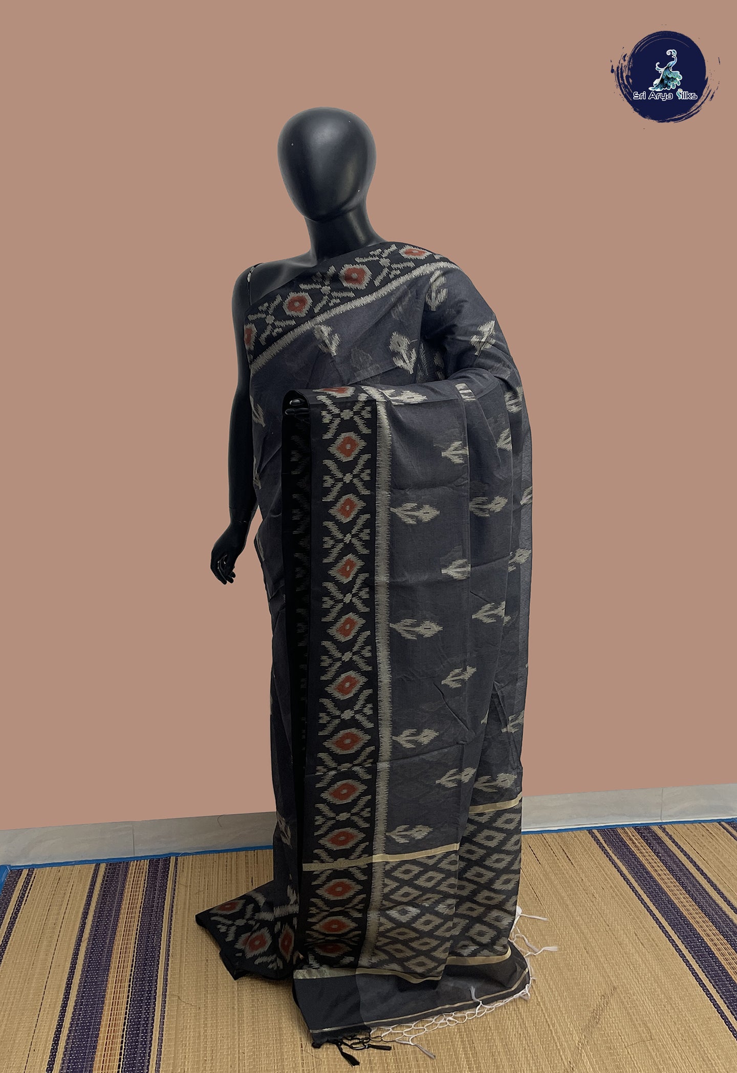 Elephant Grey Katan Silk With Ikat Pattern
