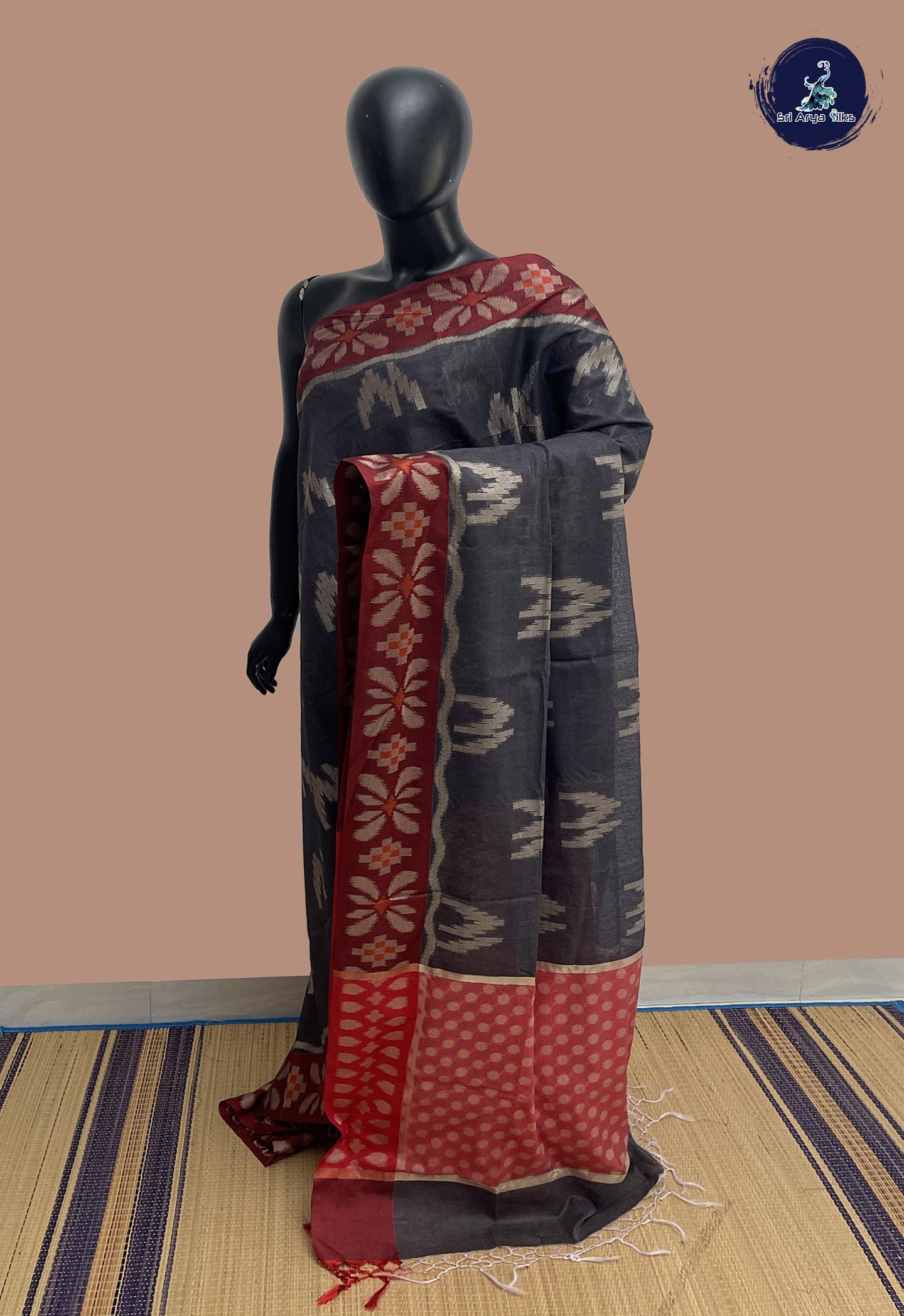 Grey Katan Silk With Ikat Pattern