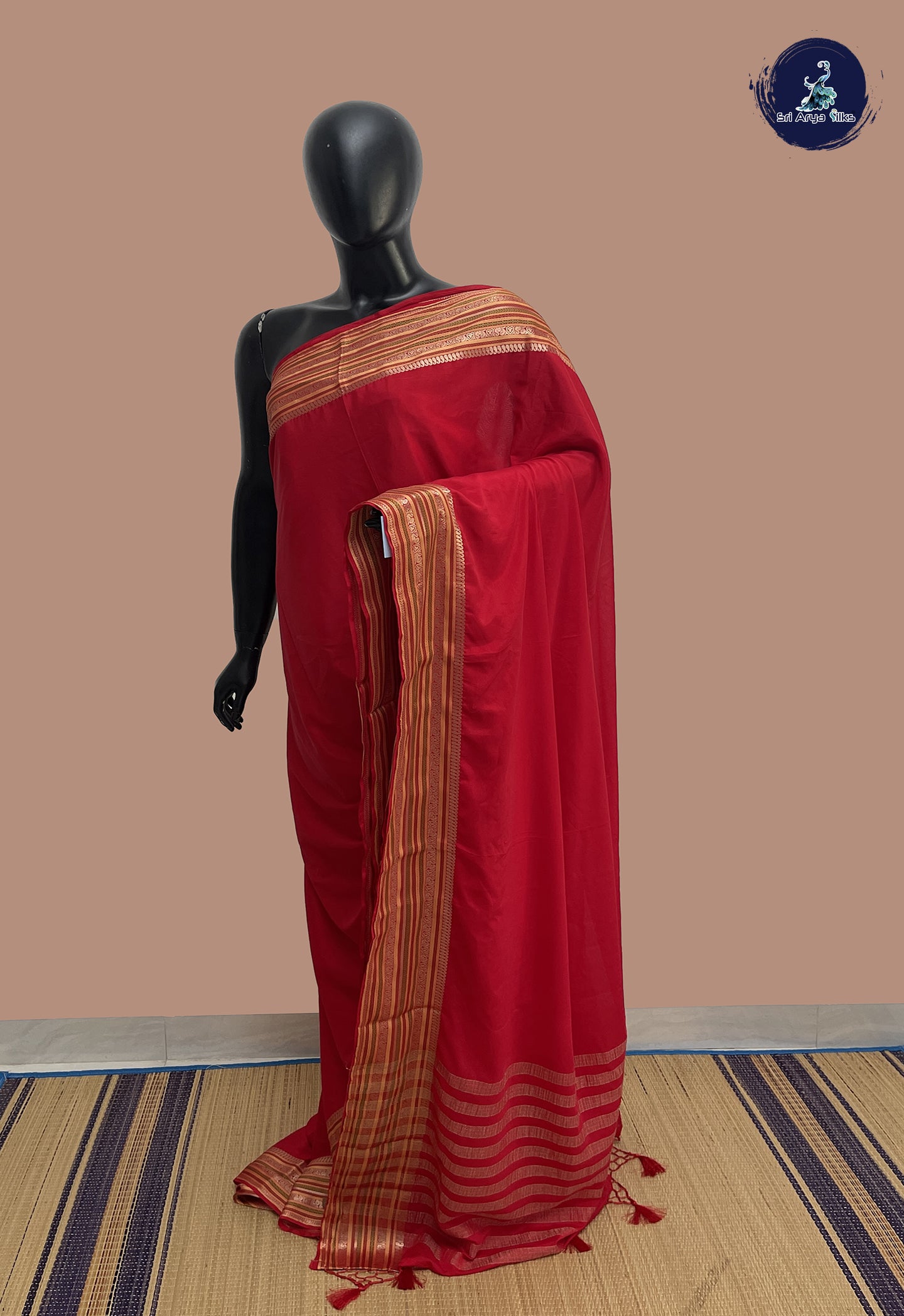 Red Mysore Silk With Plain Pattern