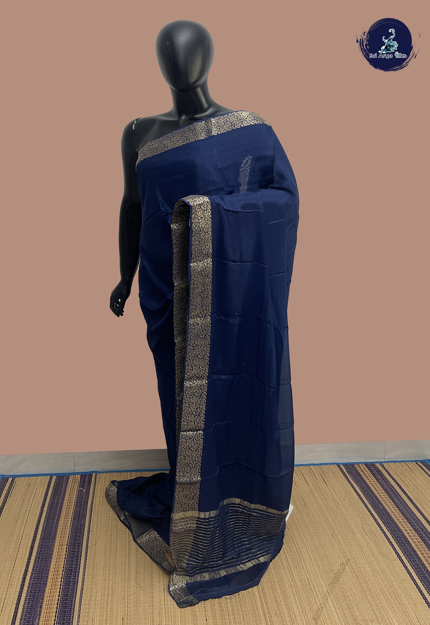 Navy Blue Mysore Silk With Plain Pattern