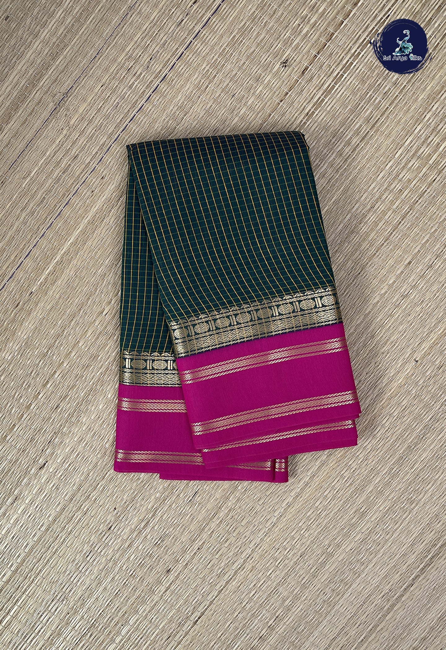 Dark Green Semi Silk Cotton Saree With Checked Pattern