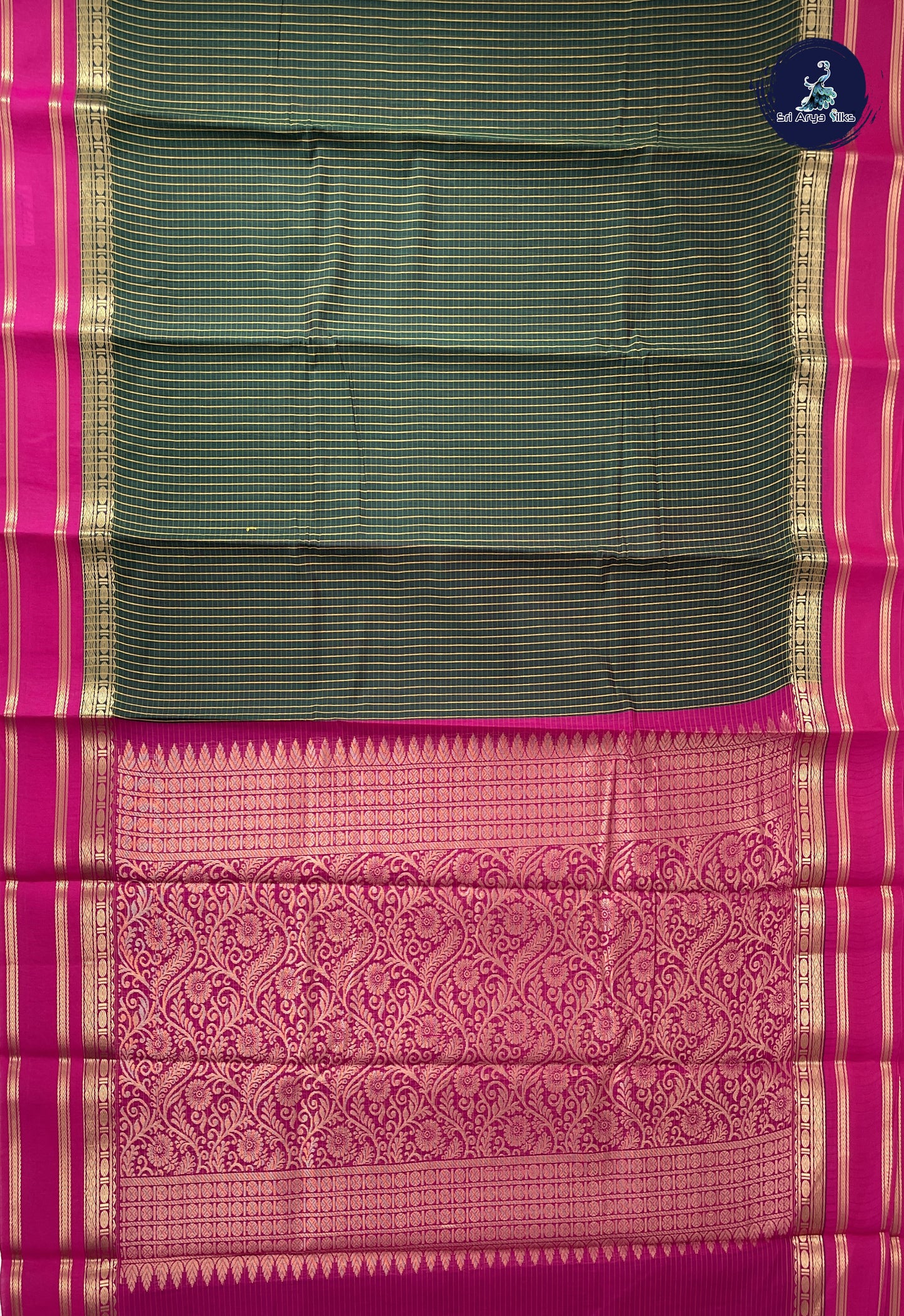 Dark Green Semi Silk Cotton Saree With Checked Pattern
