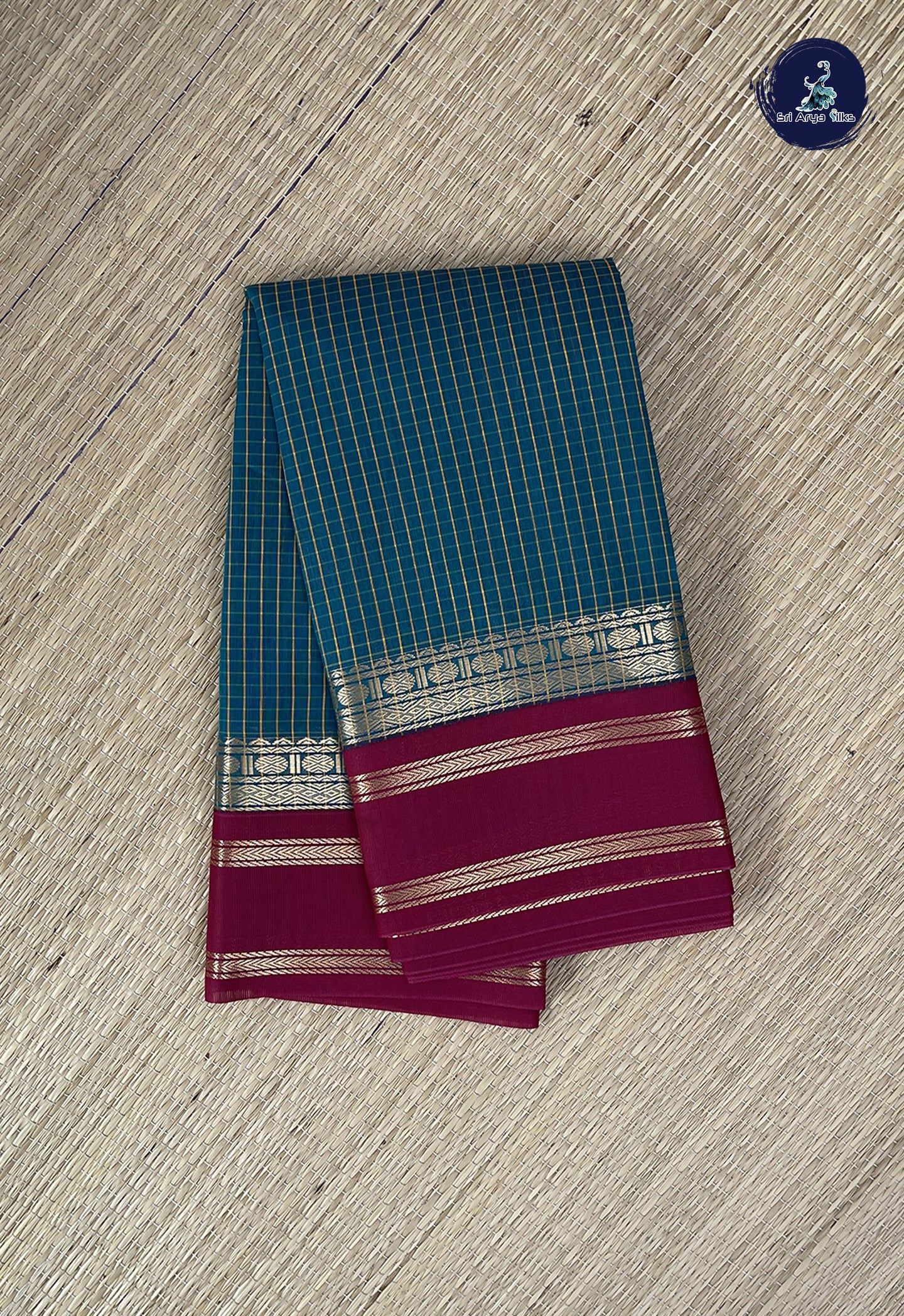 Sapphire Green Semi Silk Cotton Saree With Checked Pattern