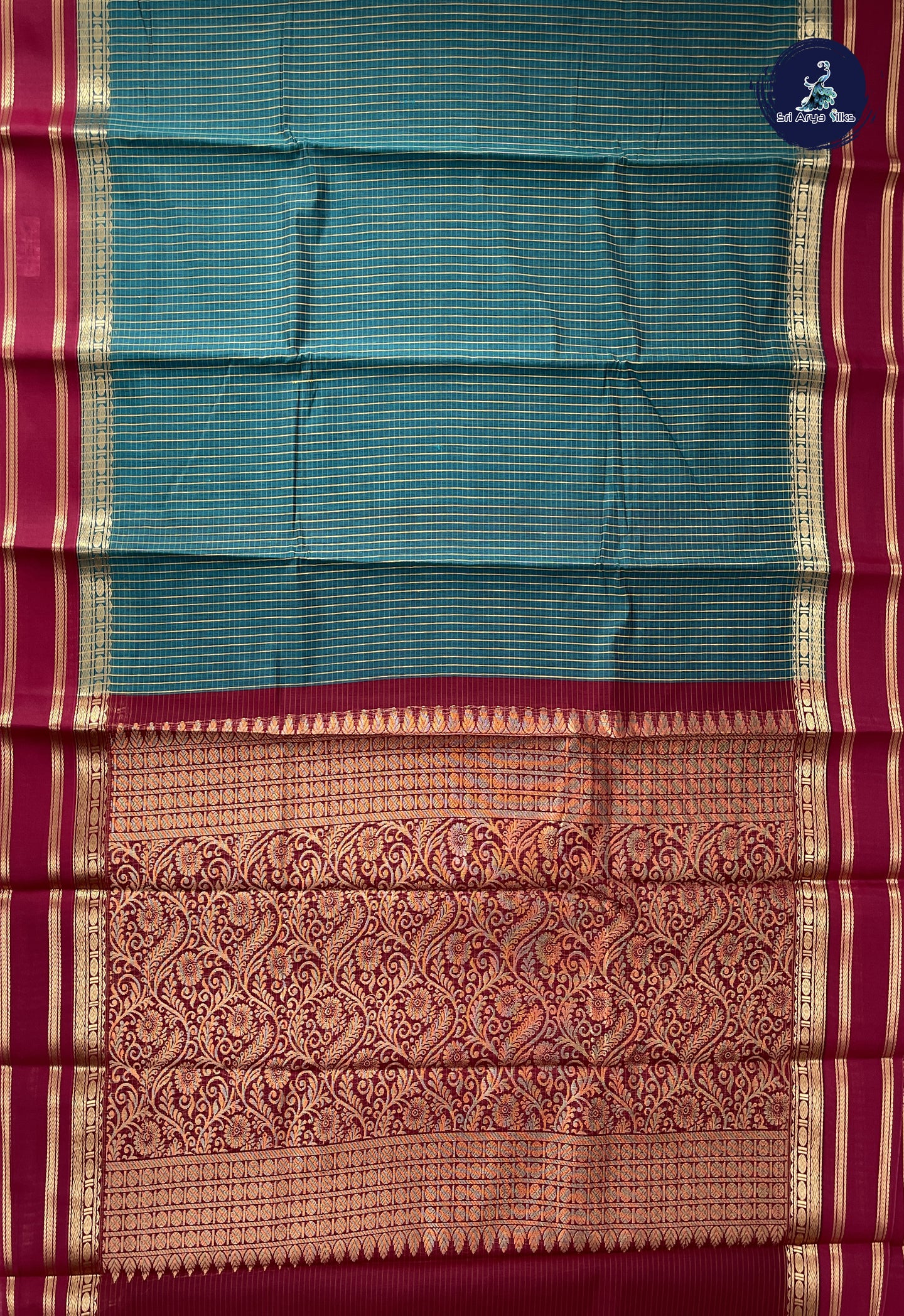 Sapphire Green Semi Silk Cotton Saree With Checked Pattern