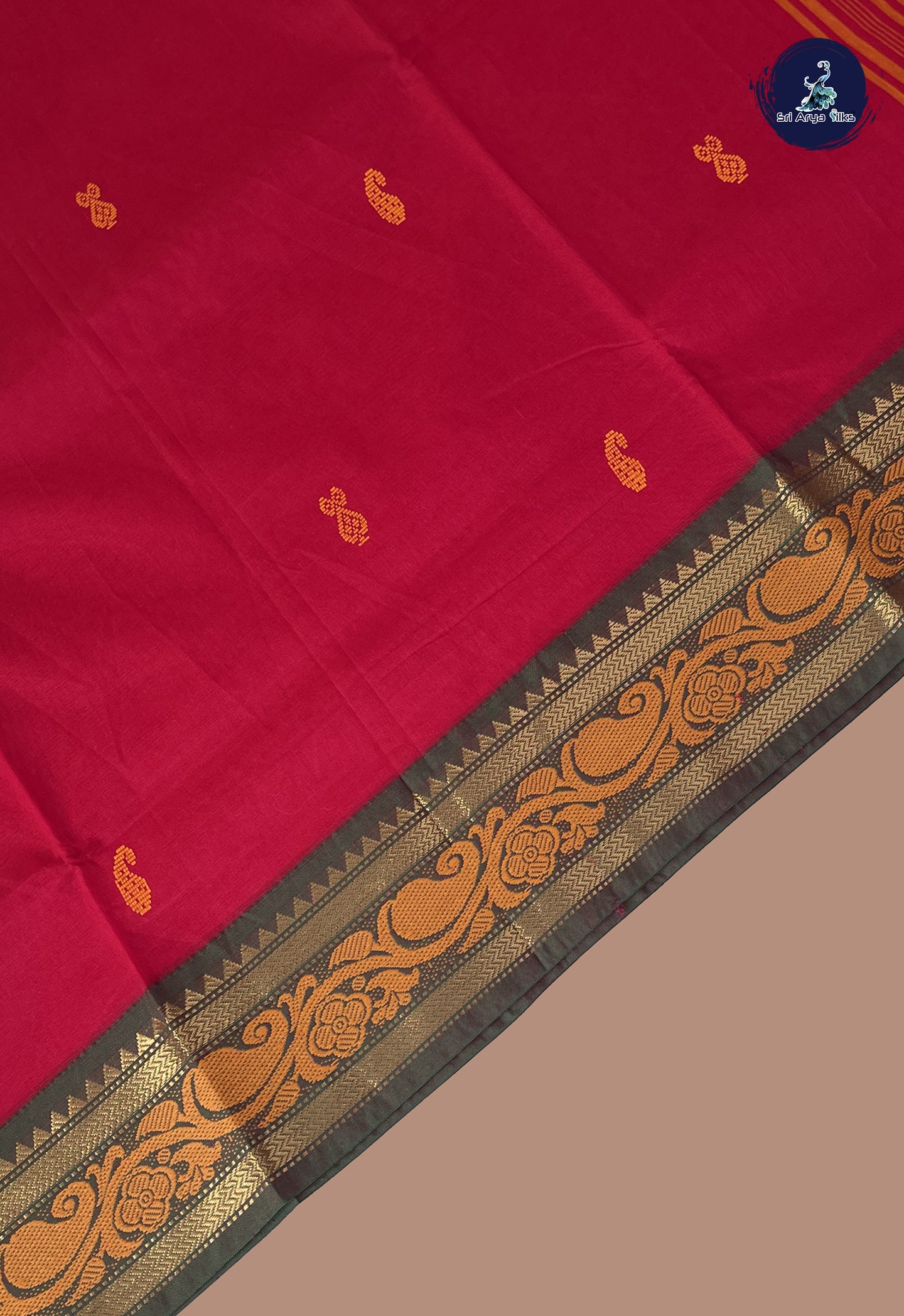 Red Chettinad Cotton Saree With Buttas Pattern