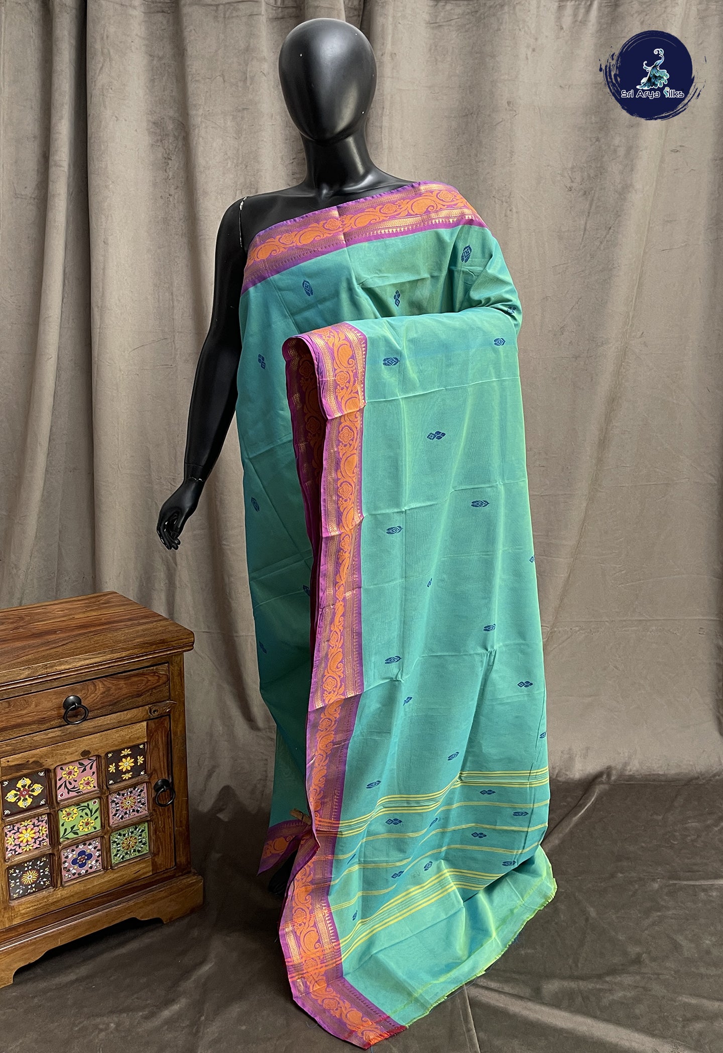 Bluish Green Chettinad Cotton Saree With Buttas Pattern