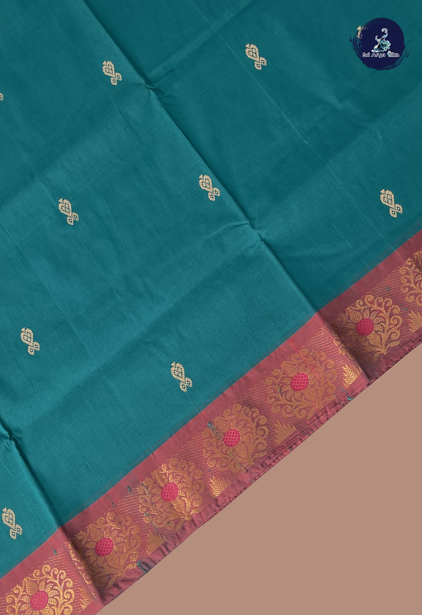 Teal Chettinad Cotton Saree With Buttas Pattern