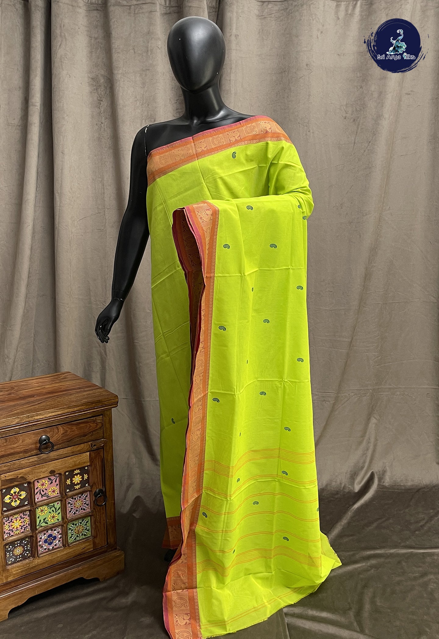 Light Green Chettinad Cotton Saree With Buttas Pattern