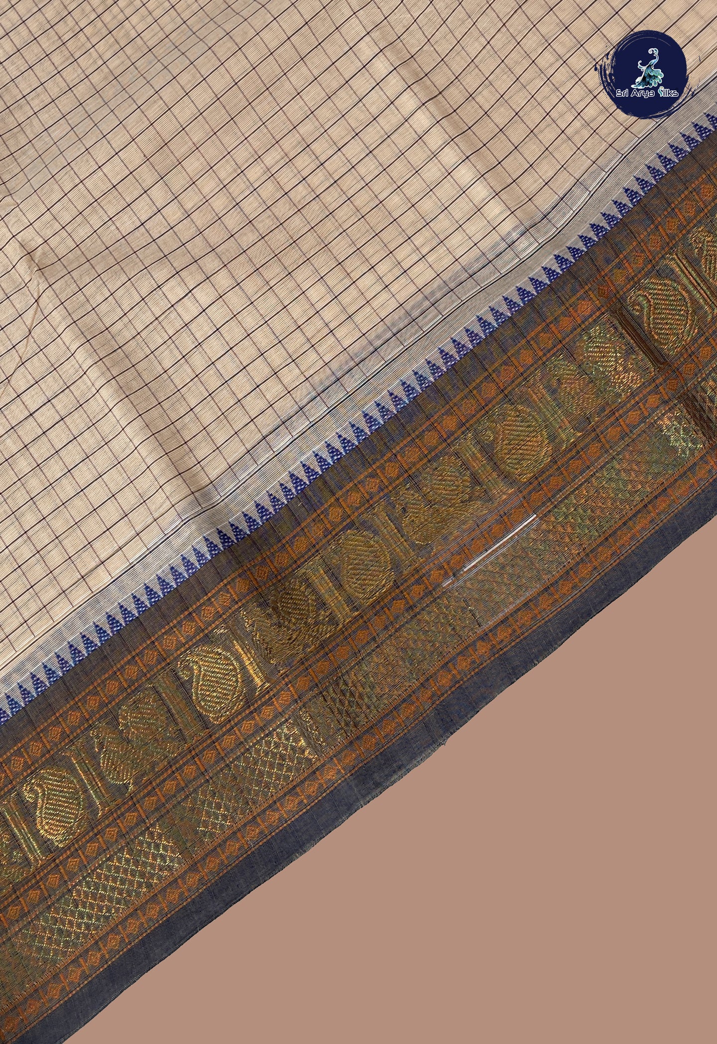 Fawn Kanchi Cotton Saree With Checked Pattern