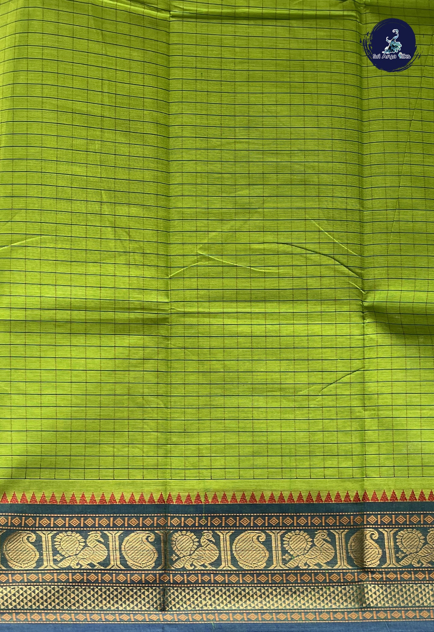 Lime Green Kanchi Cotton Saree With Checked Pattern