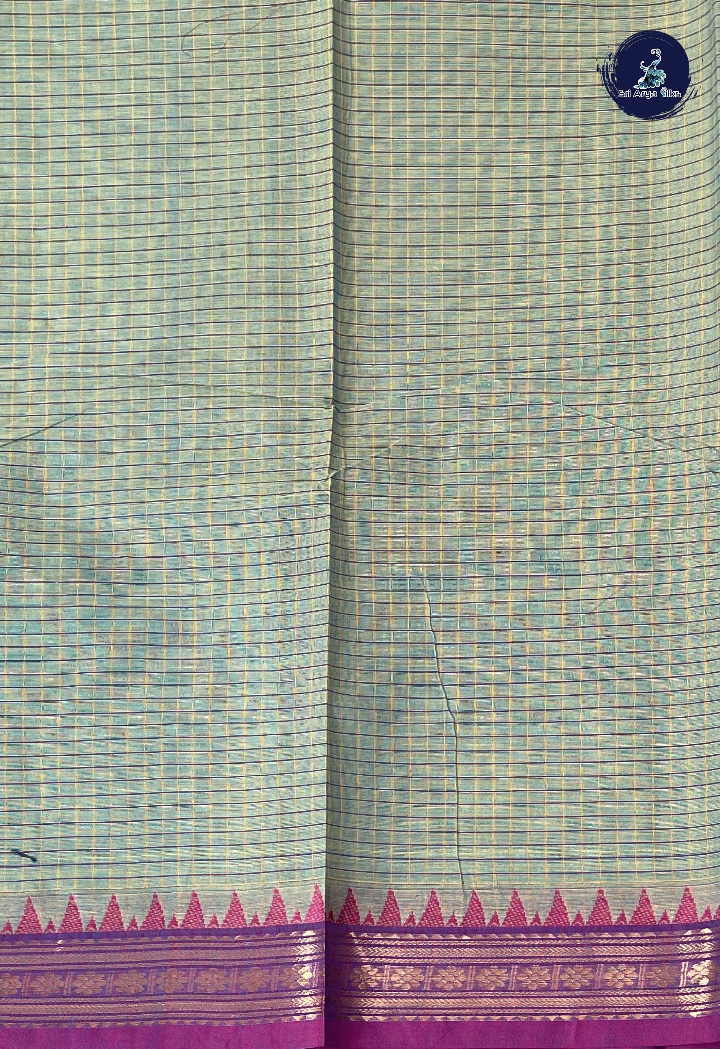 Bluish Green Kanchi Cotton Saree With Checked Pattern