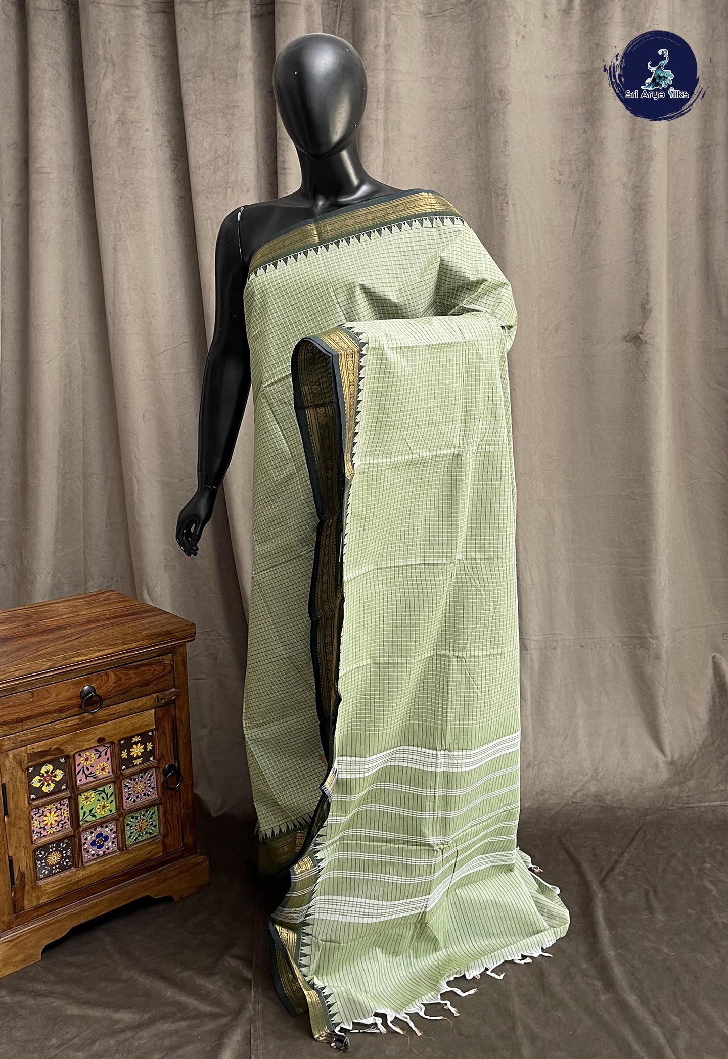 Pastel Shade Kanchi Cotton Saree With Checked Pattern