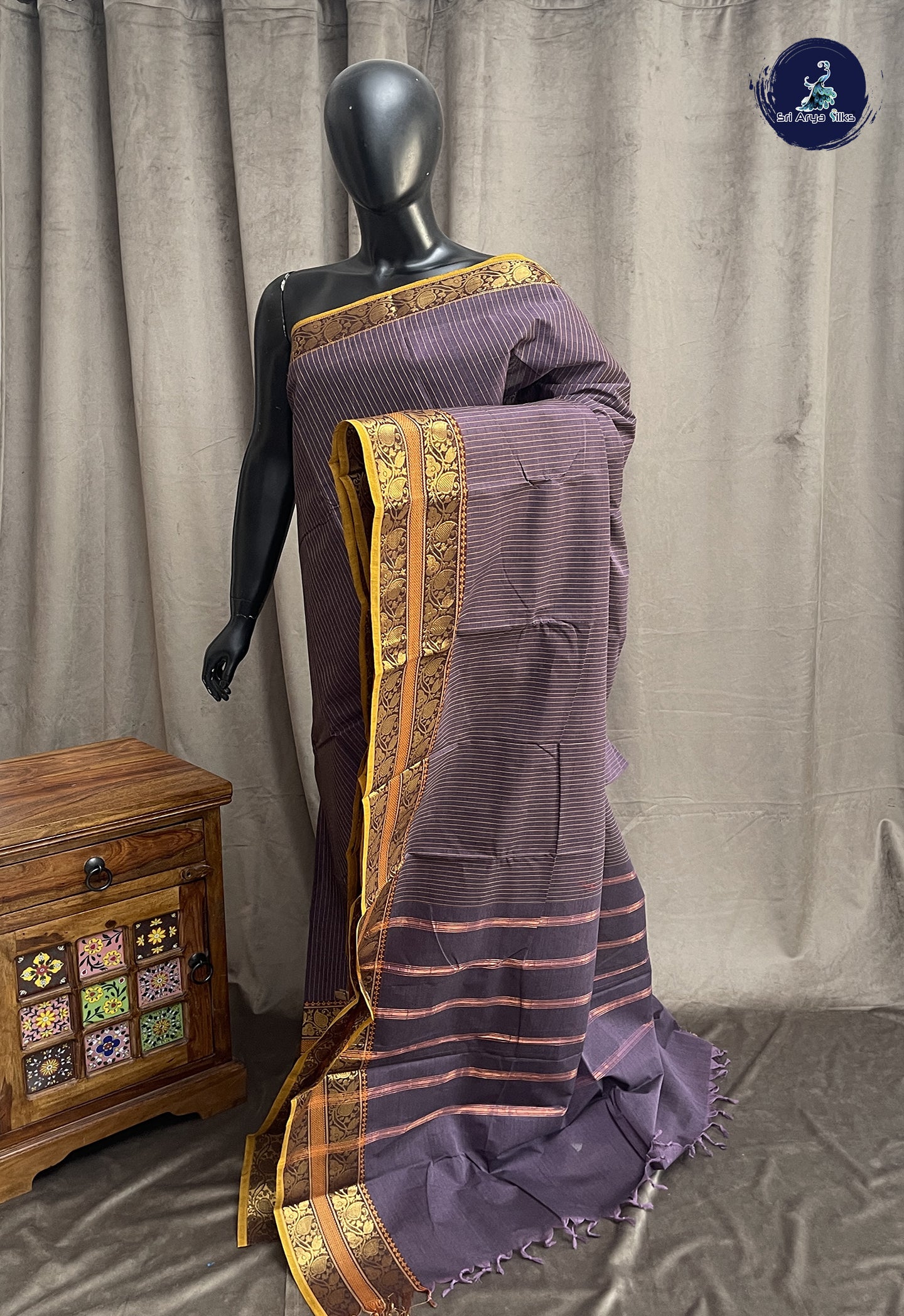 Greyish Lavender Kanchi Cotton Saree With Stripes Pattern