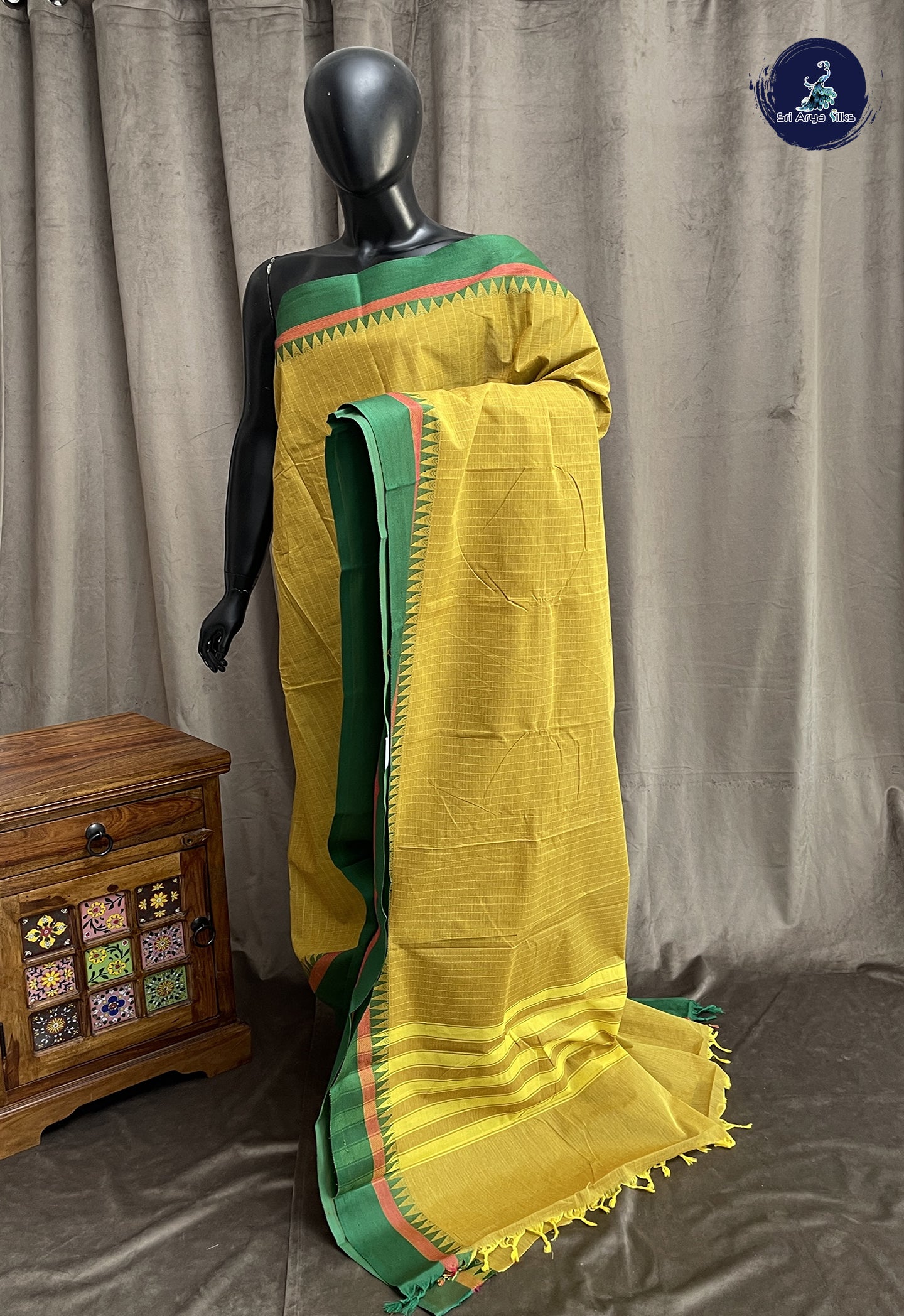 Yellow Kanchi Cotton Saree With Stripes Pattern