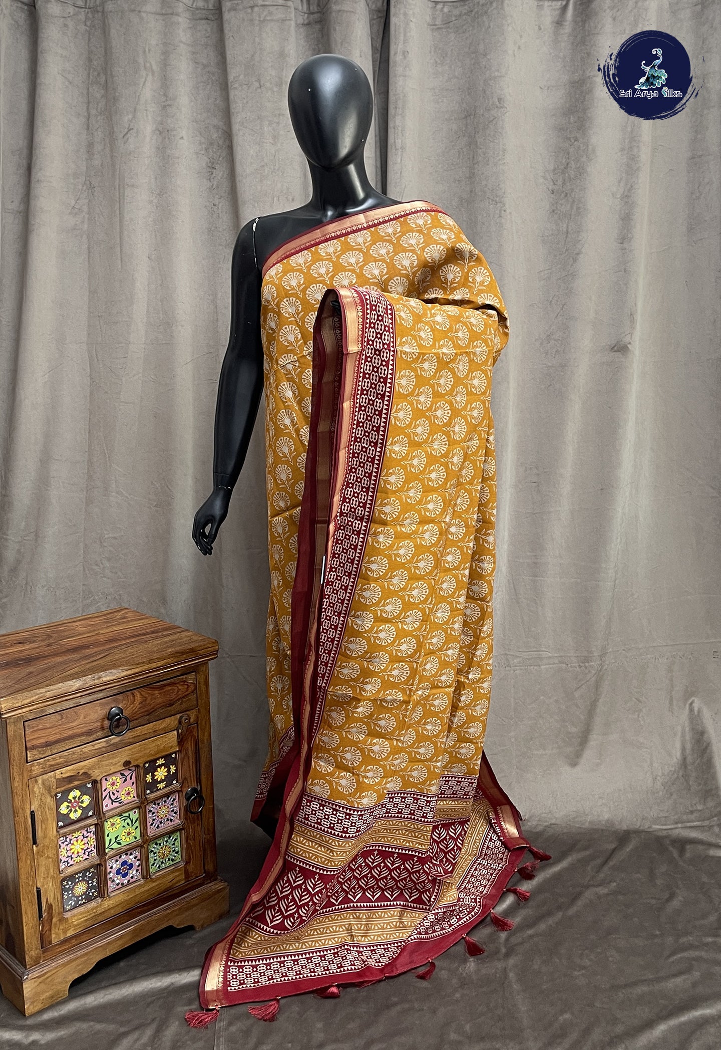 Mustard Semi Chanderi Saree With Printed Pattern