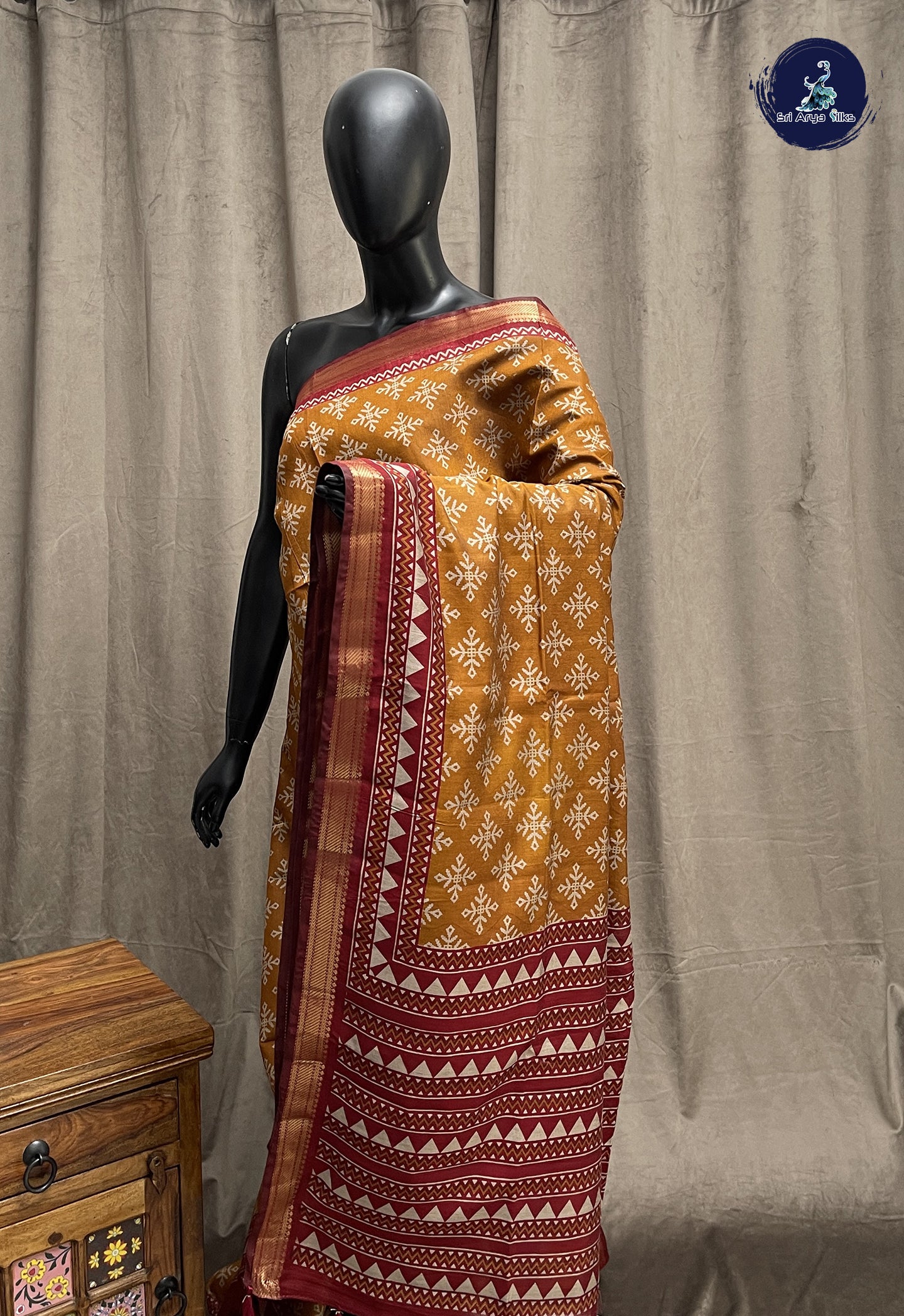 Mustard Yellow Semi Chanderi Saree With Printed Pattern