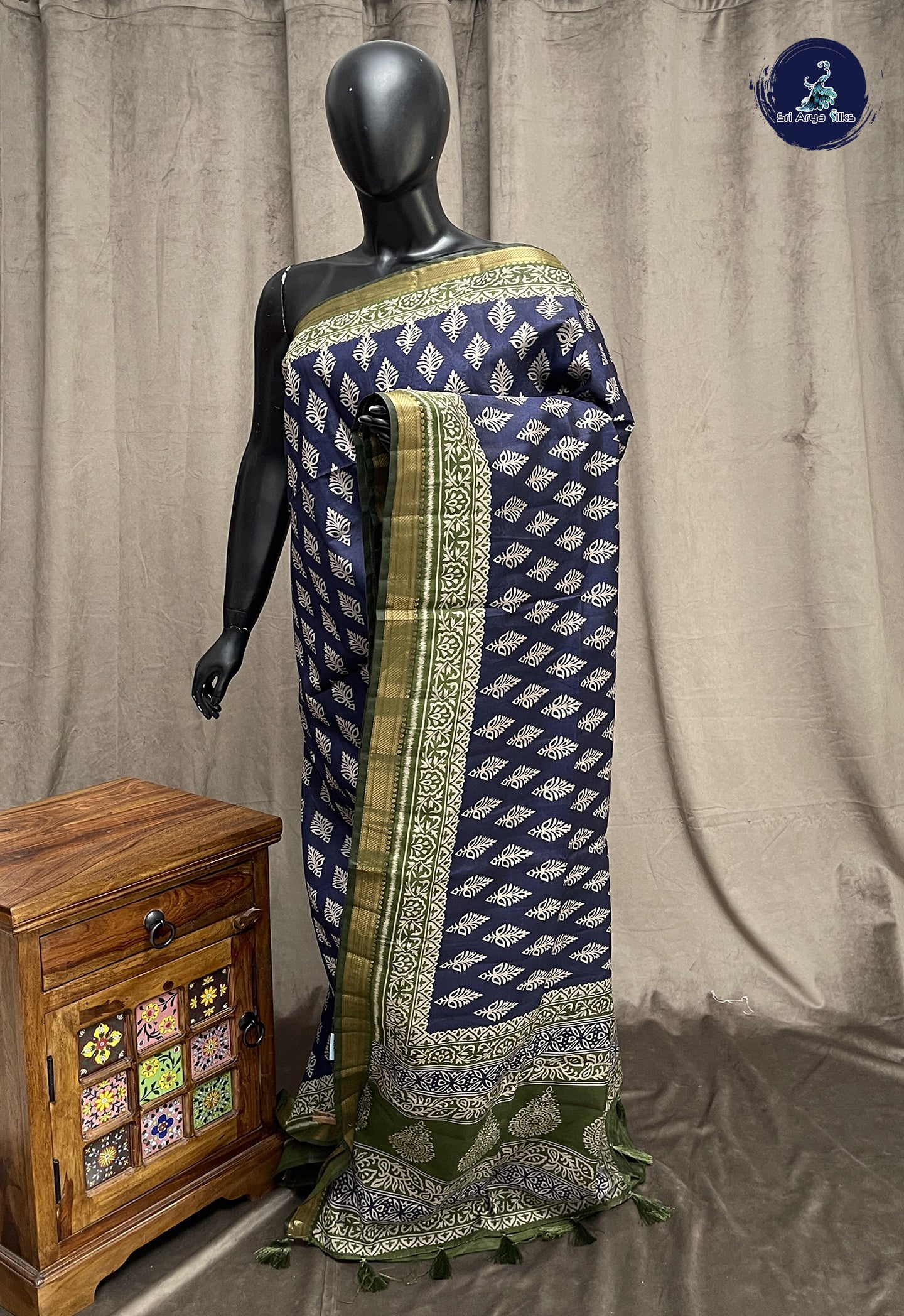 Navy Blue Semi Chanderi Saree With Printed Pattern