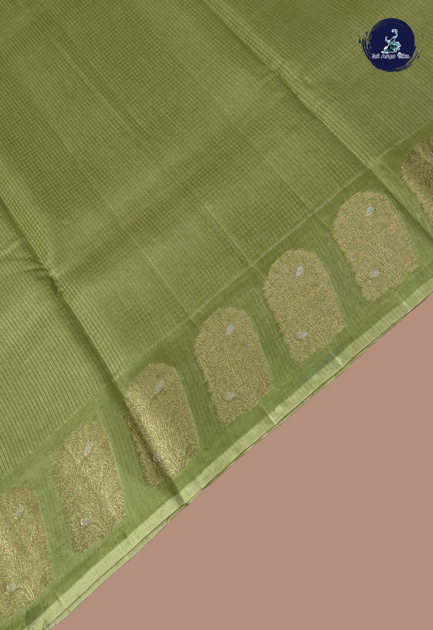 Pastel Green Semi Banarasi Saree With Zari Checked Pattern
