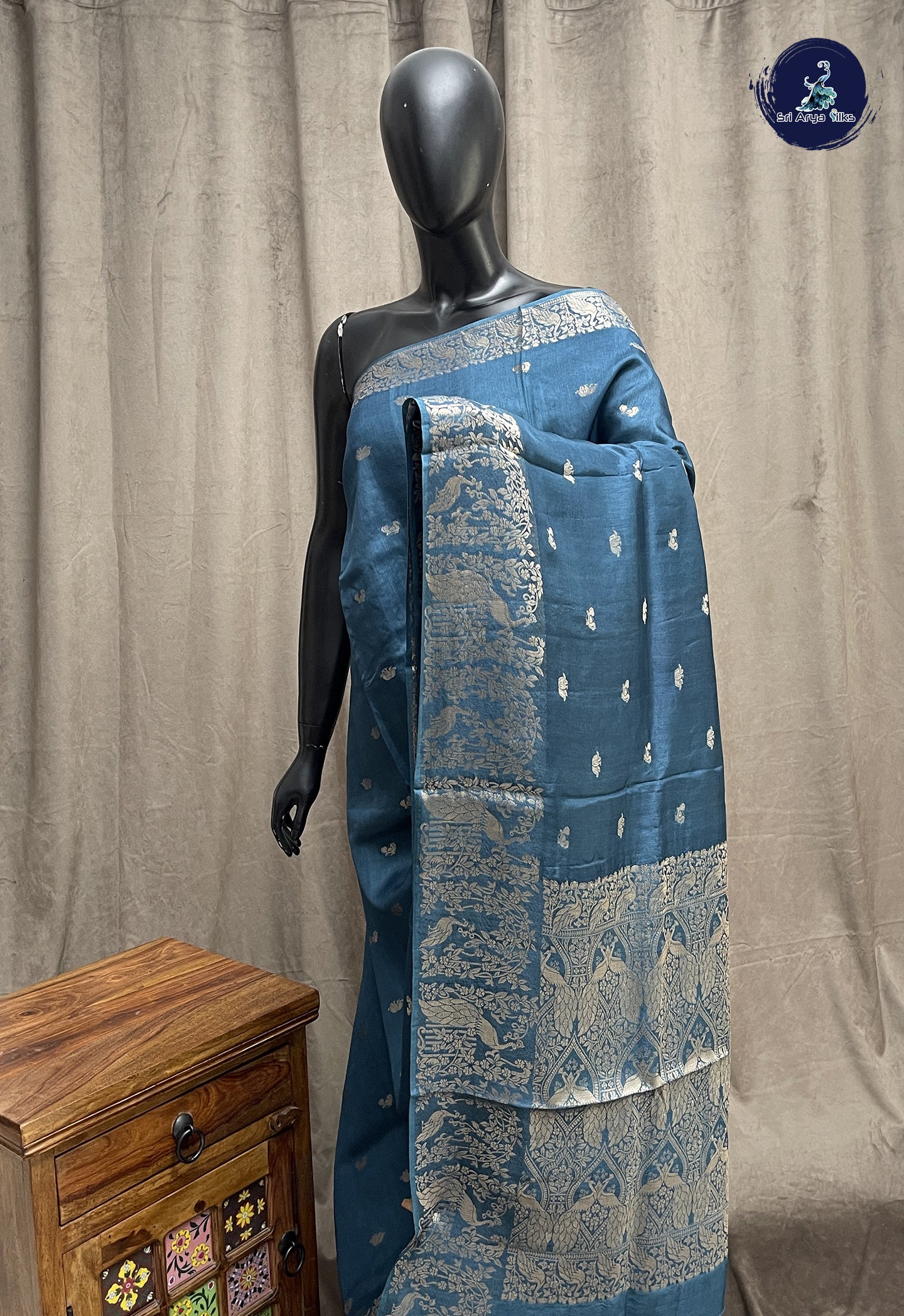 Blue Semi Banarasi Saree With Zari Buttas Pattern