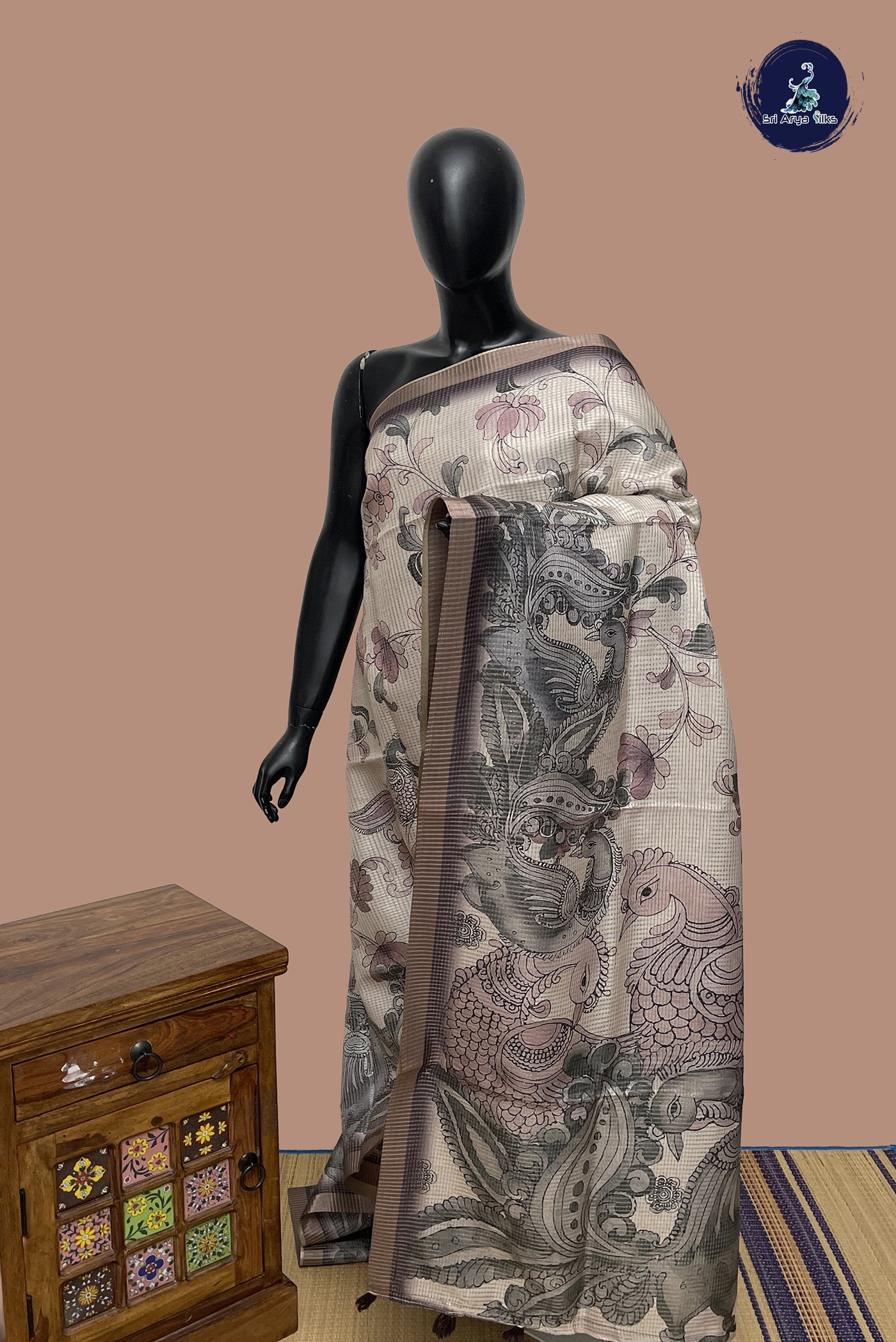 Fawn Semi Tussar Saree With Printed Pattern