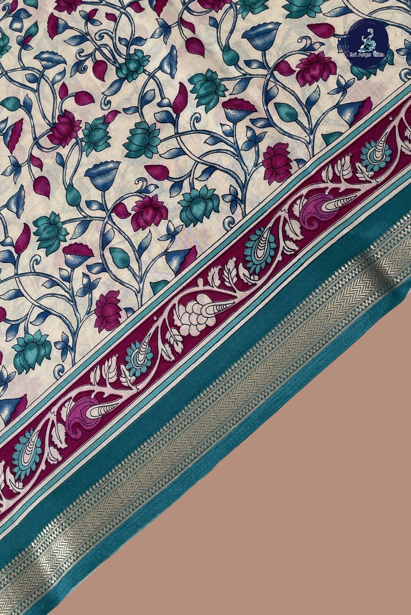 Off White Semi Dola Silk Saree With Kalamkari Pattern