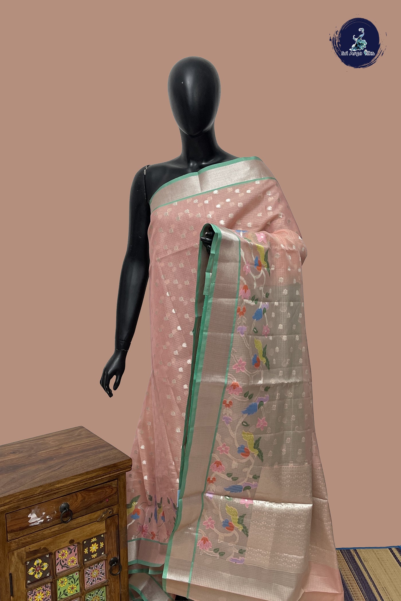 Peach Pink Semi Banarasi Saree With Zari Woven Pattern