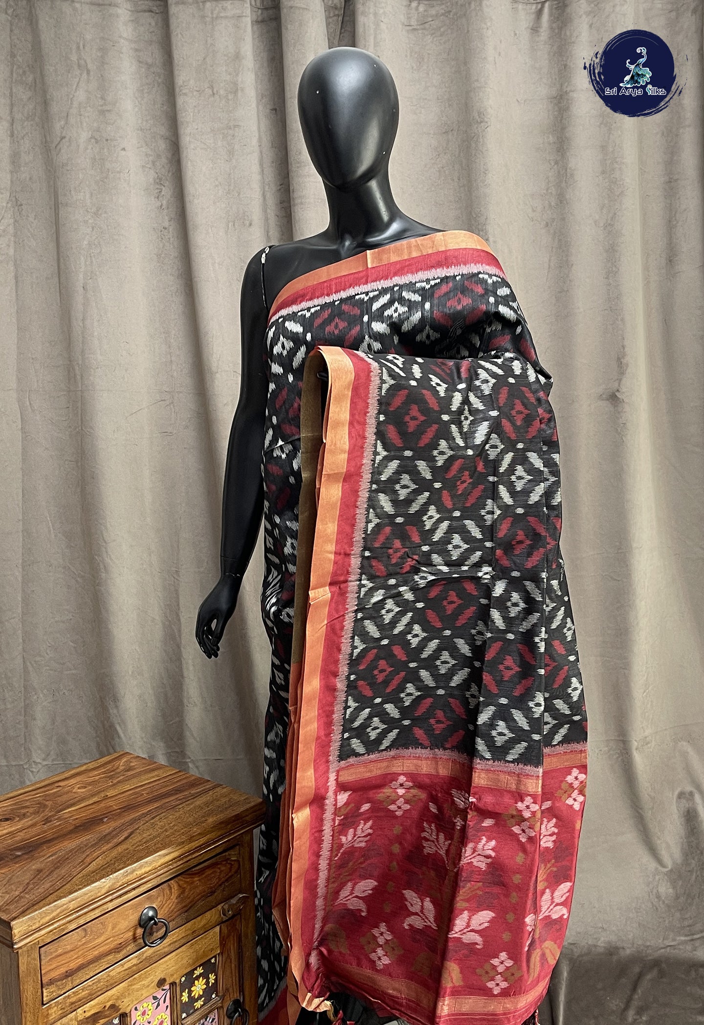 Black Semi Raw Silk Saree With Ikat Pattern