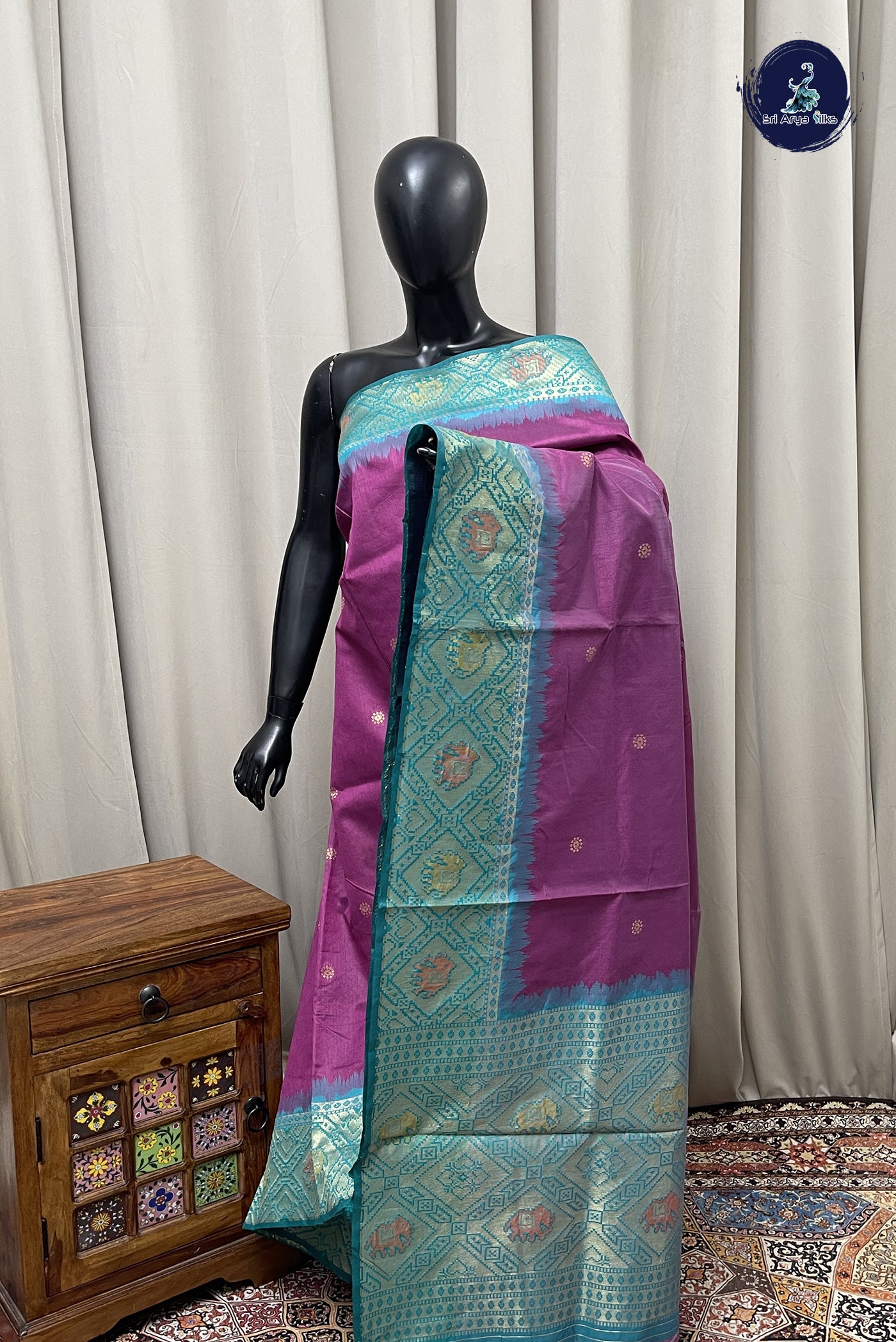 Jamun Semi Raw Silk Saree With Zari Buttas Pattern