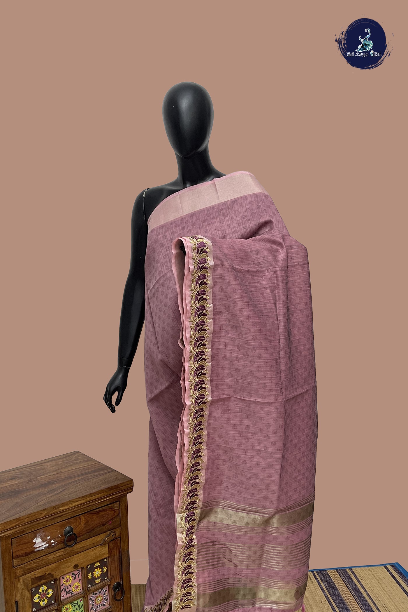 Pink Semi Raw Silk Saree With Embossed Pattern
