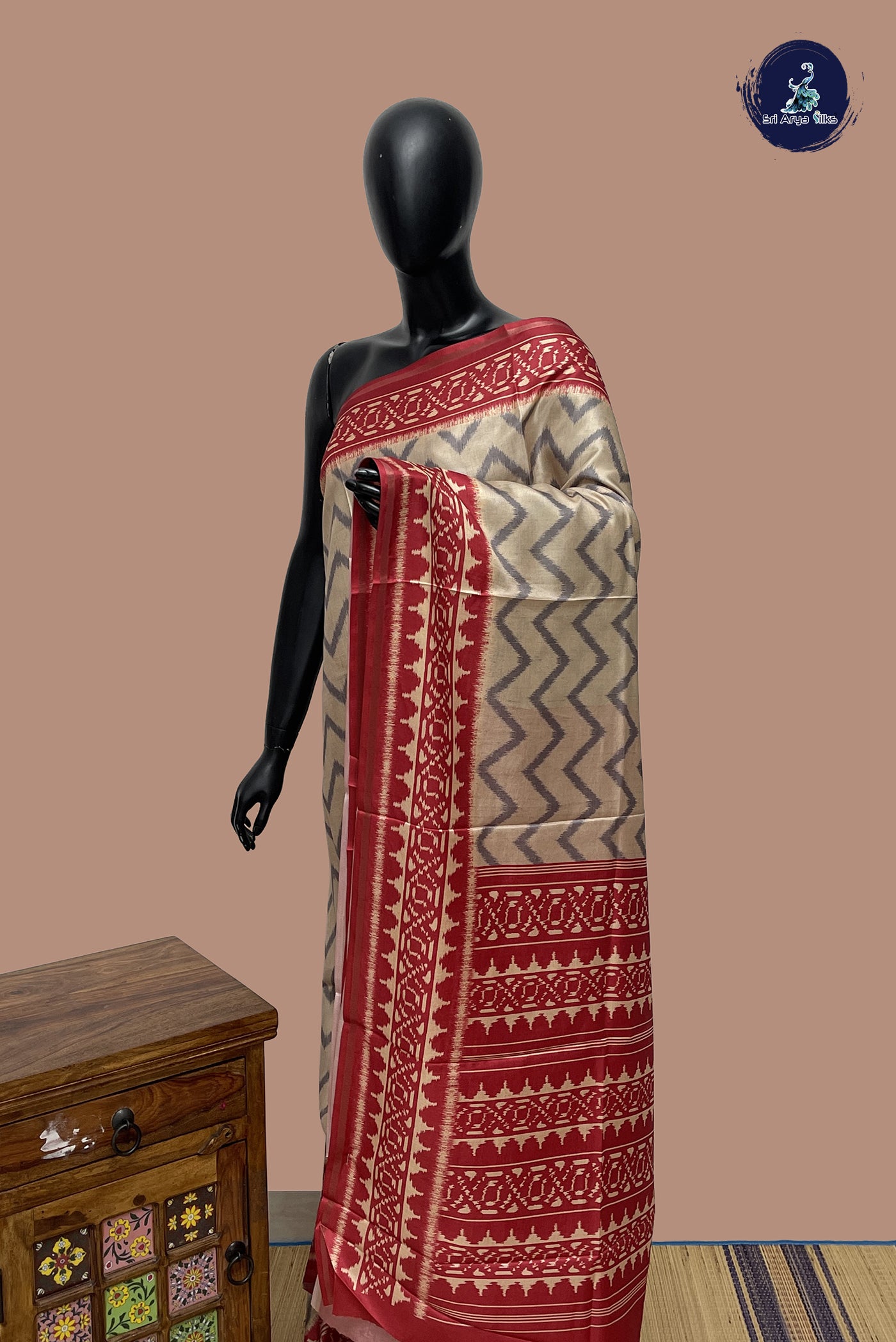 Biscuit Shade Semi Grape Silk Saree With Ikat Pattern