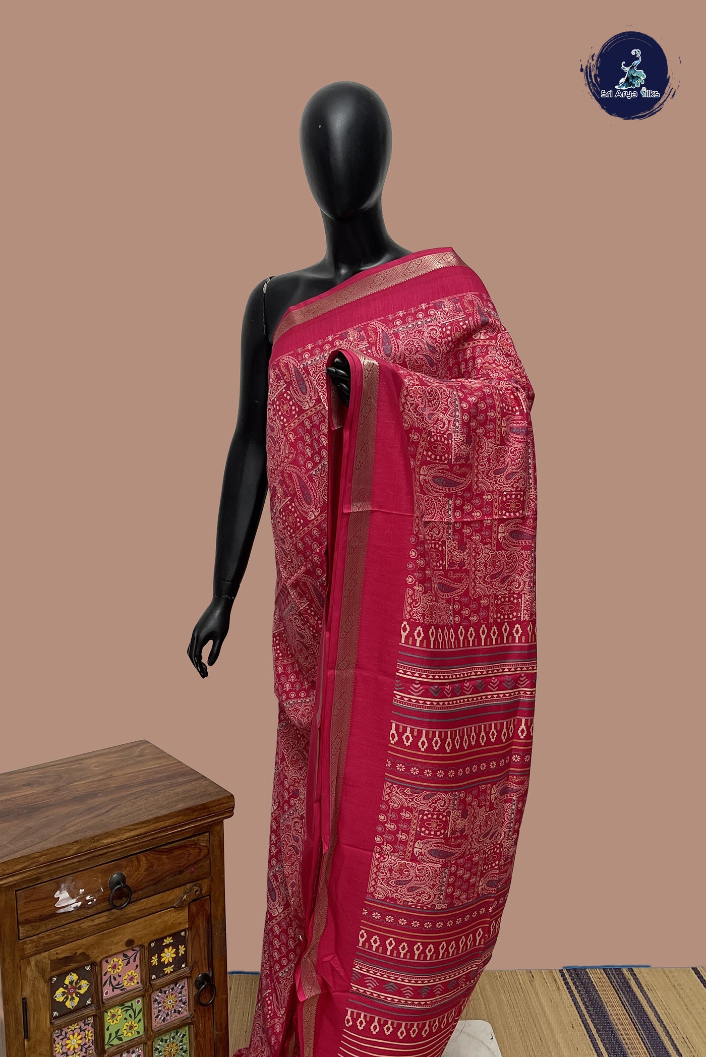 Dark Pink Semi Grape Silk Saree With Printed Pattern