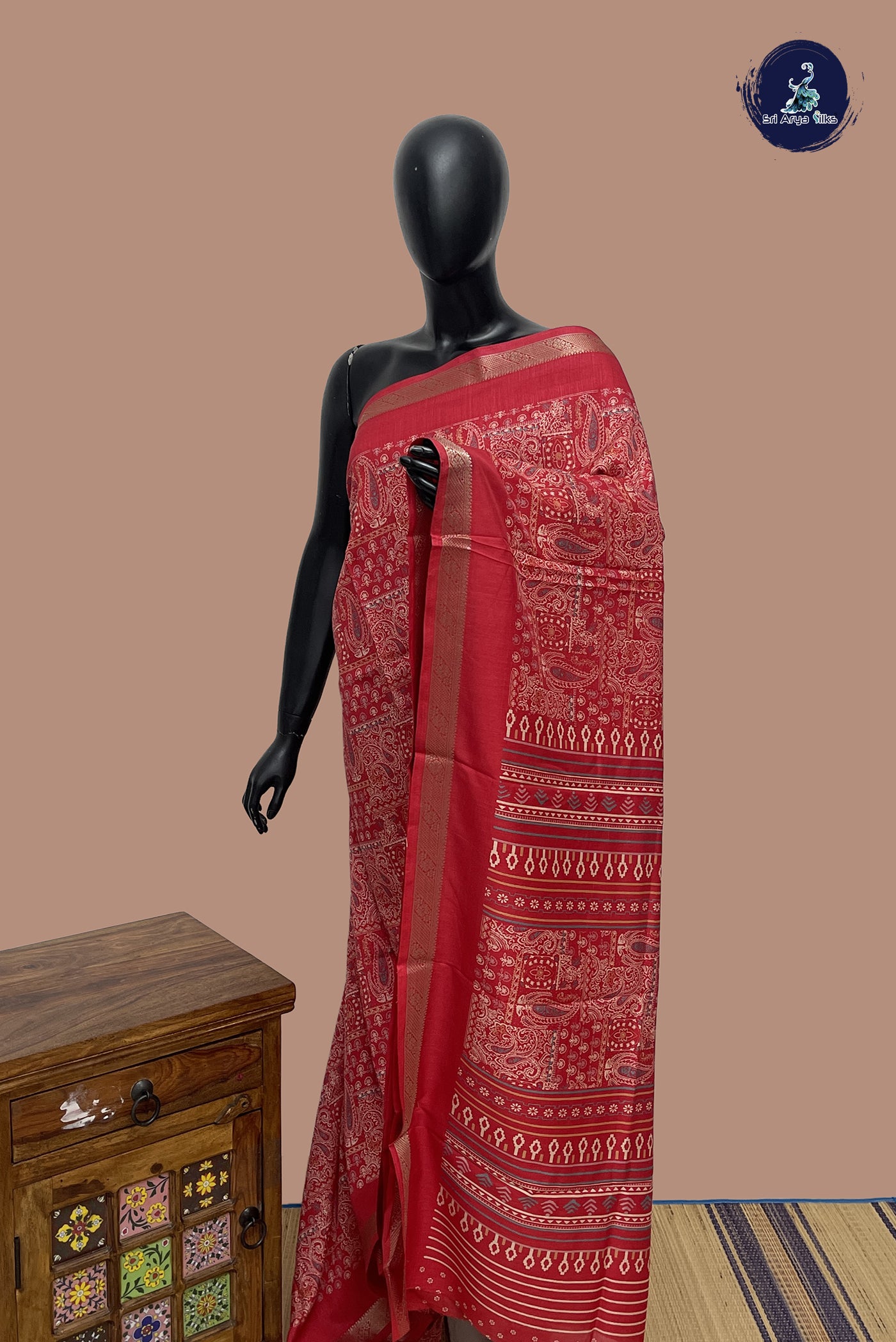 Red Semi Grape Silk Saree With Printed Pattern