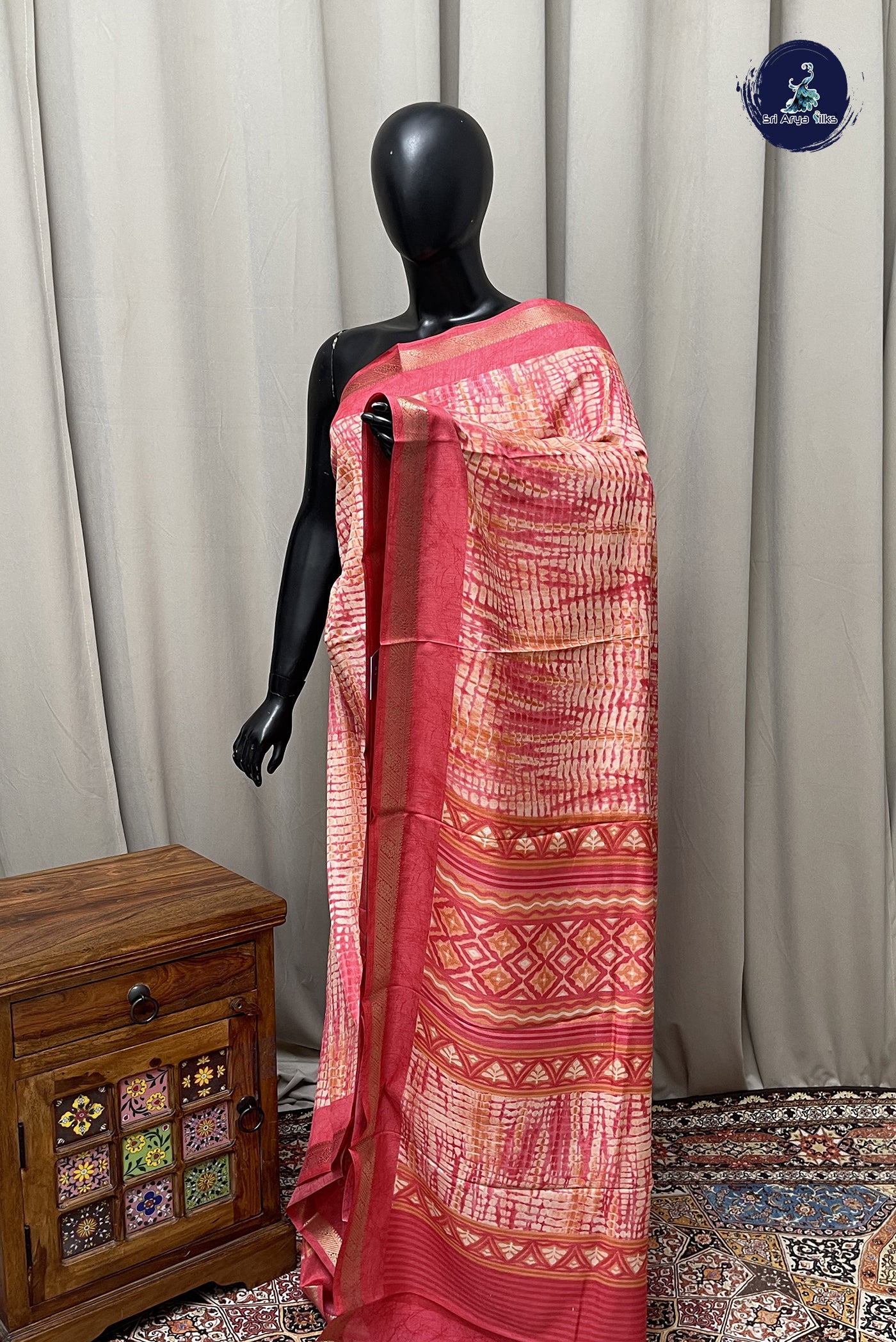 Pinkish Peach Semi Grape Silk Saree With Printed Pattern