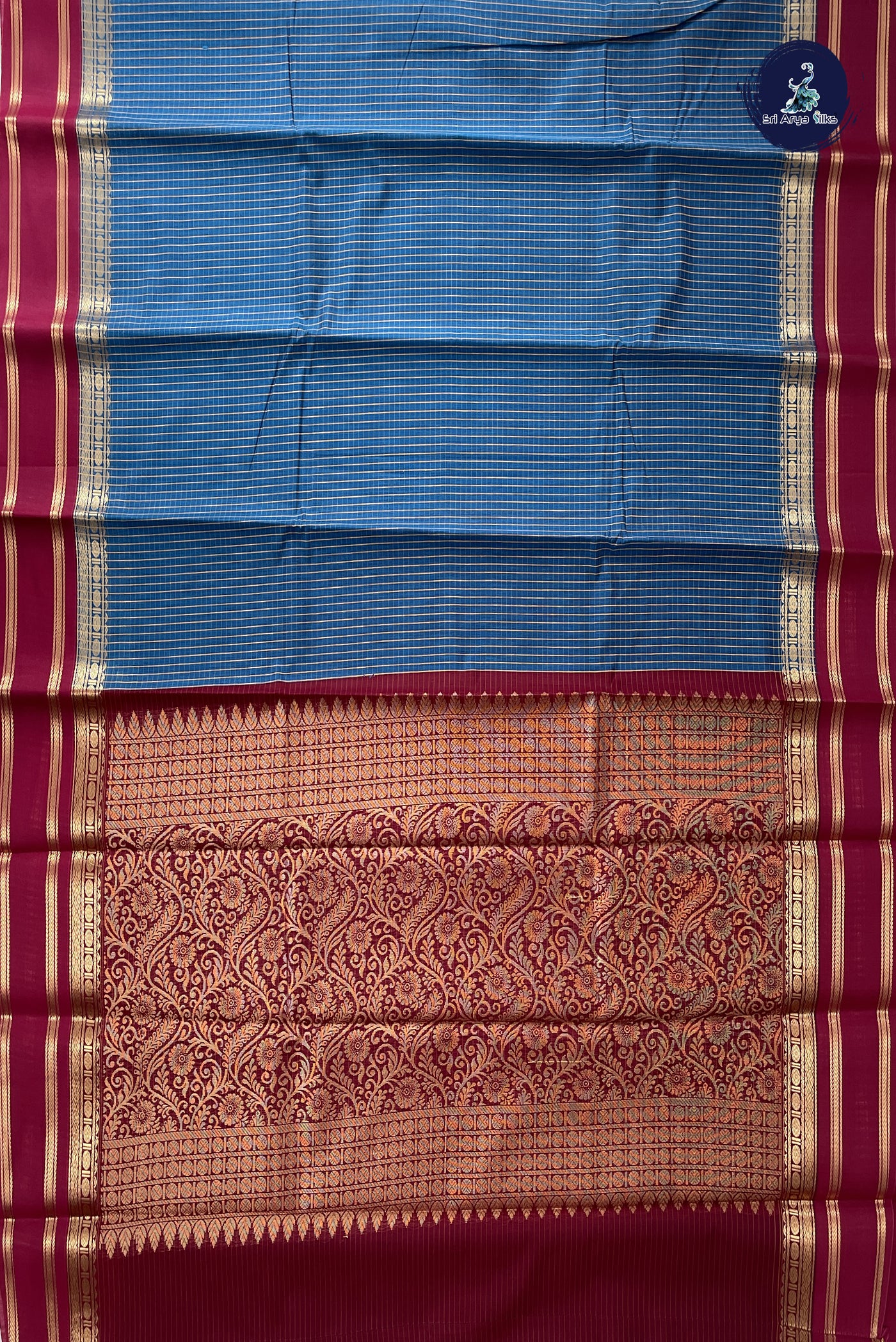 Sapphire Blue Budget Semi Silk Cotton Saree With Checked Pattern