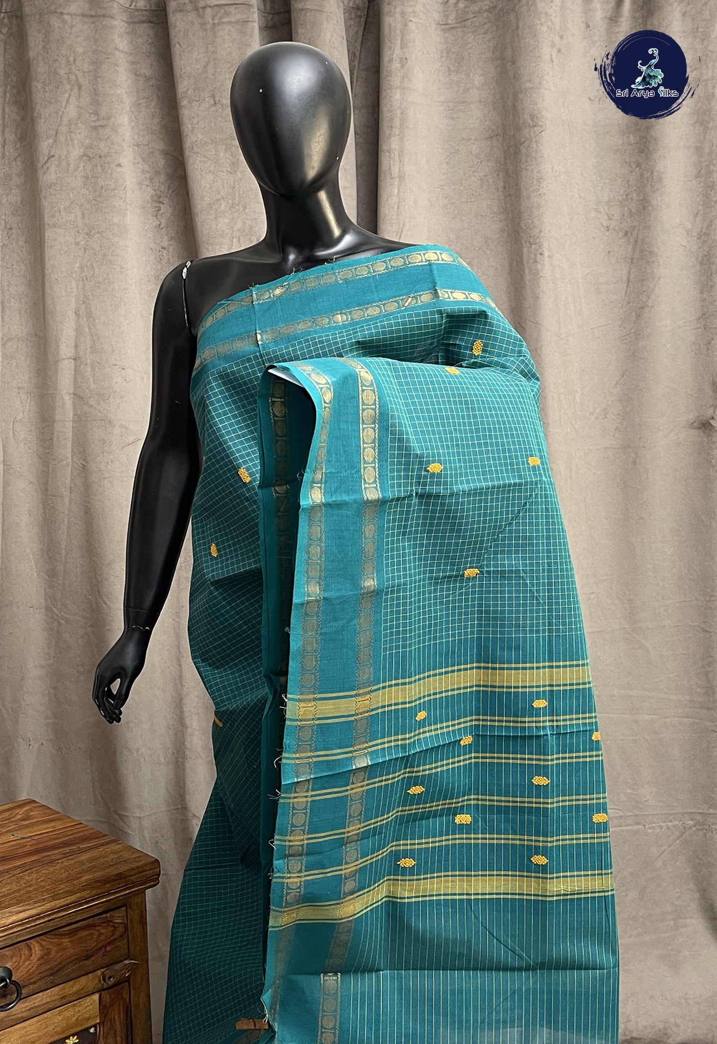 Teal Chettinad Cotton Saree With Checked Pattern