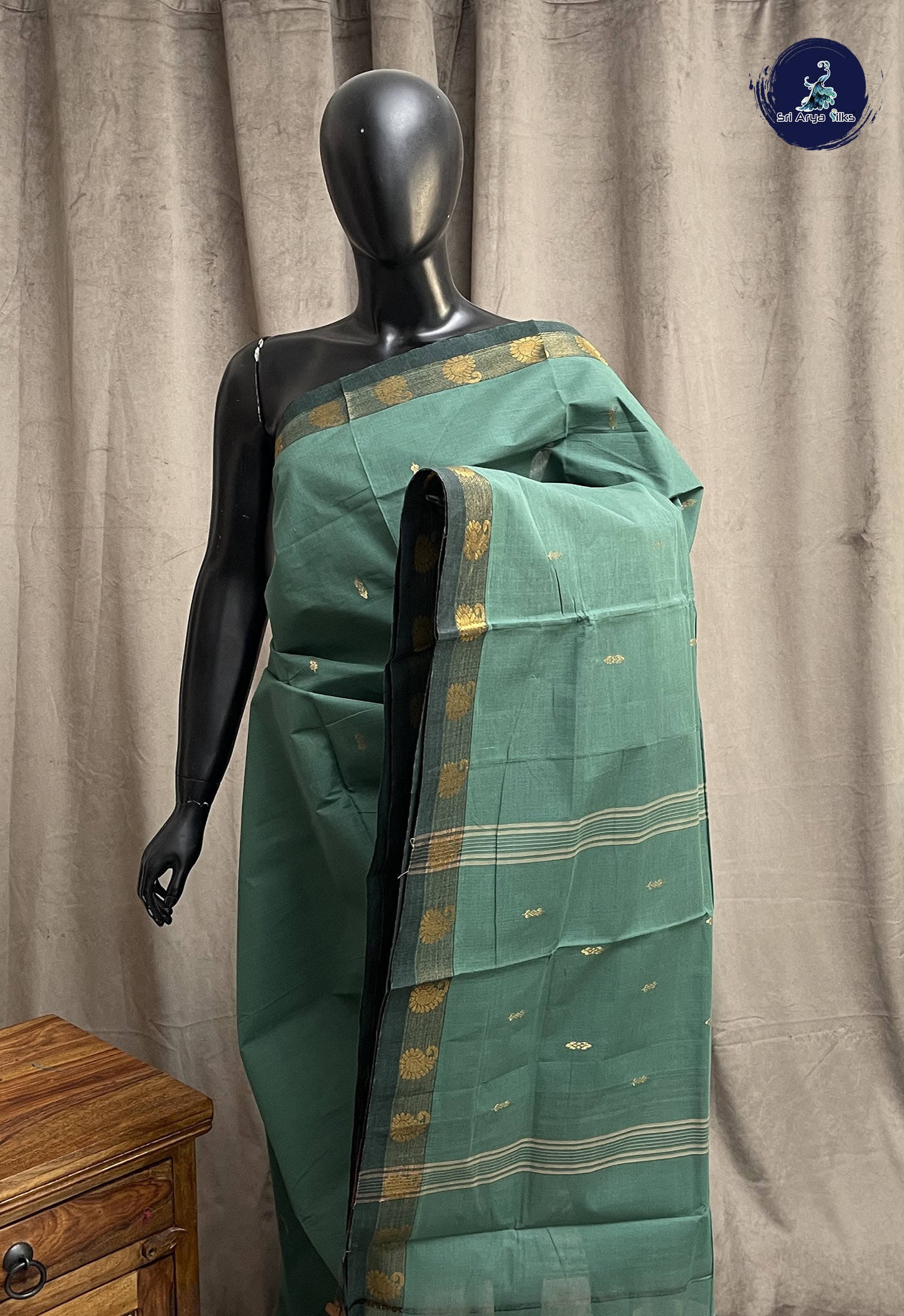Green Chettinad Cotton Saree With Zari Buttas Pattern