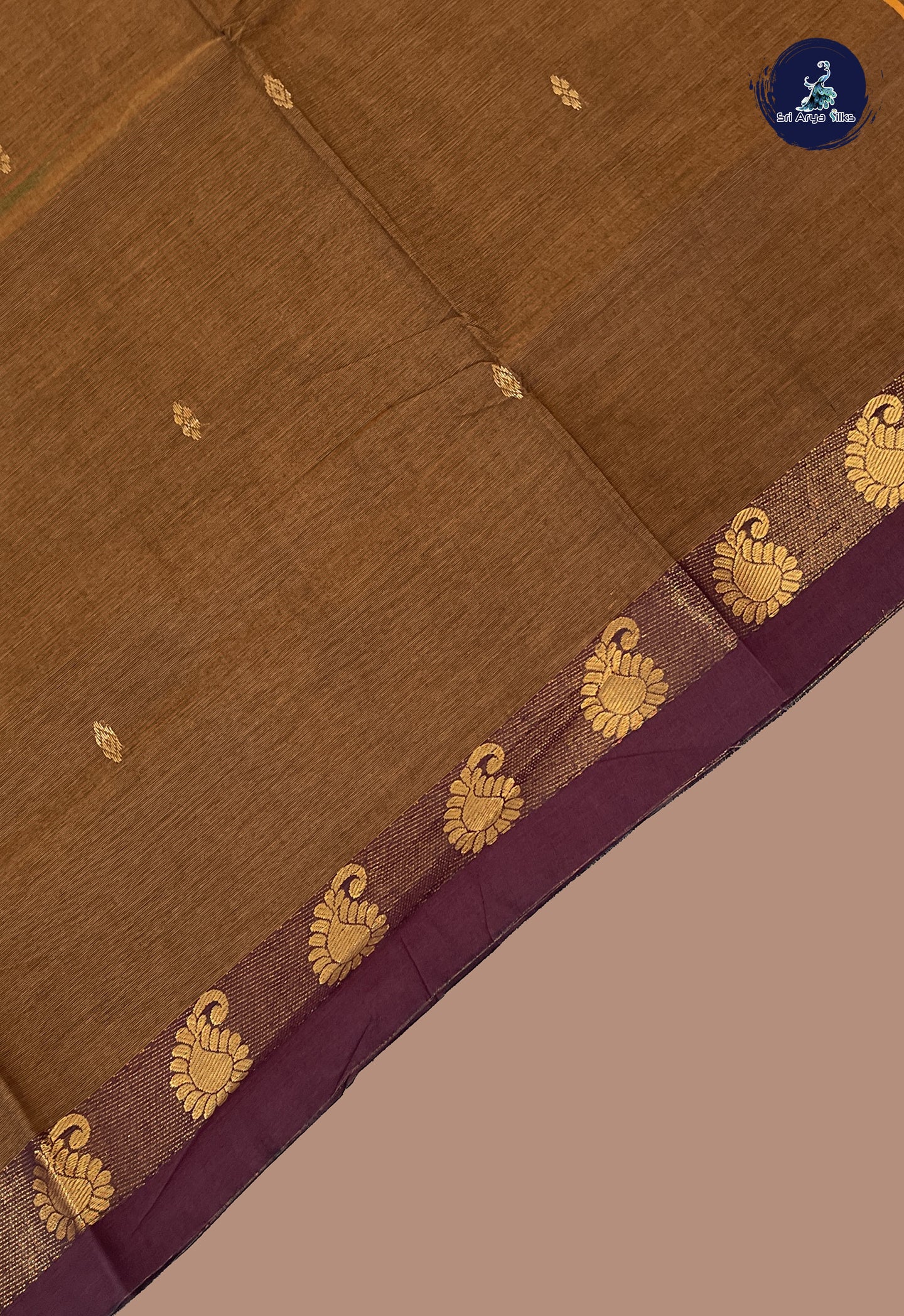 Brown Chettinad Cotton Saree With Zari Buttas Pattern