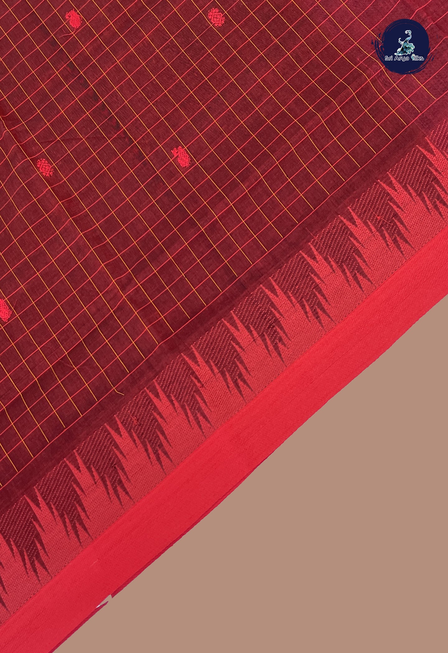 Maroon Chettinad Cotton Saree With Checked Pattern