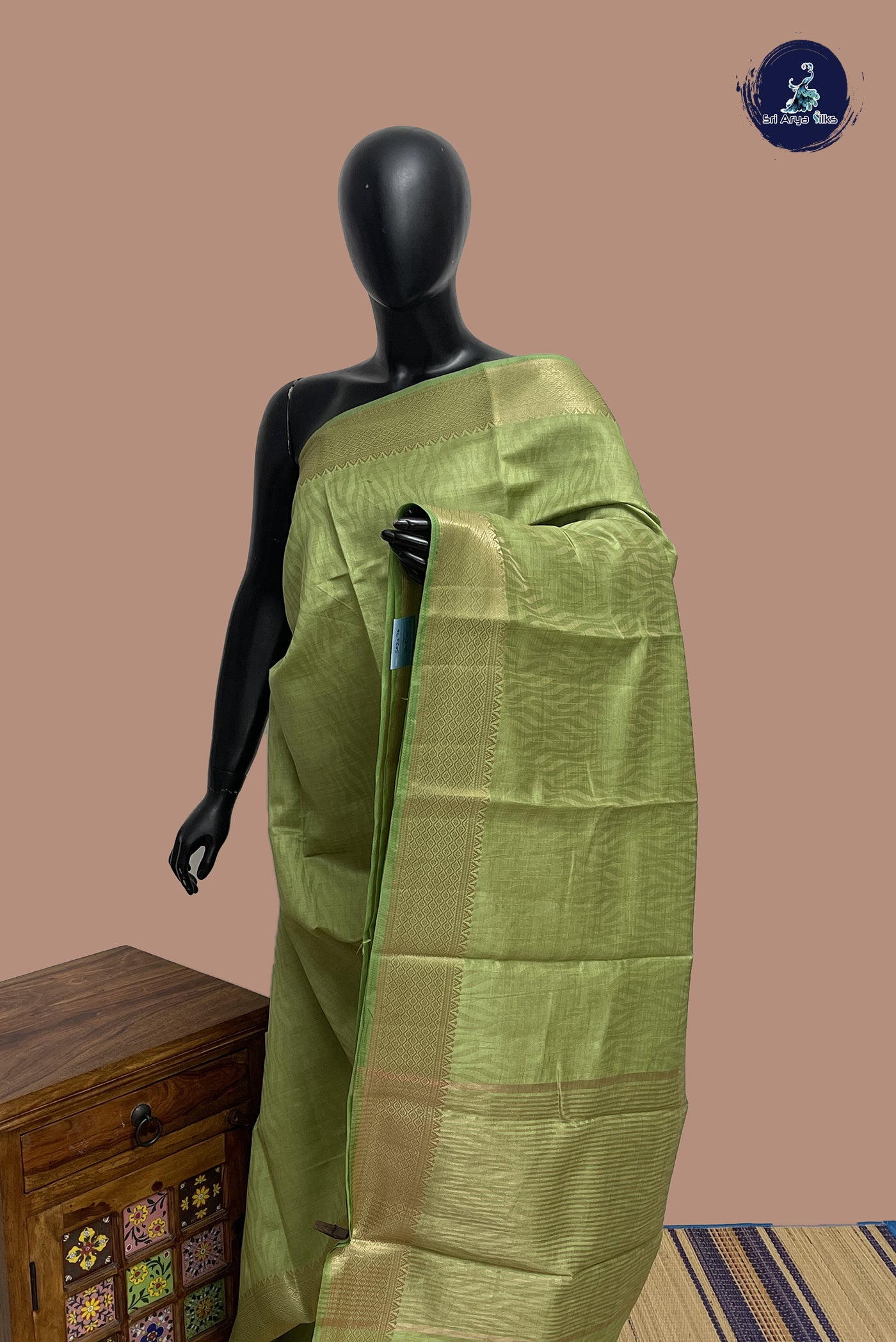 Light Green Semi Tussar Saree With Embossed Pattern