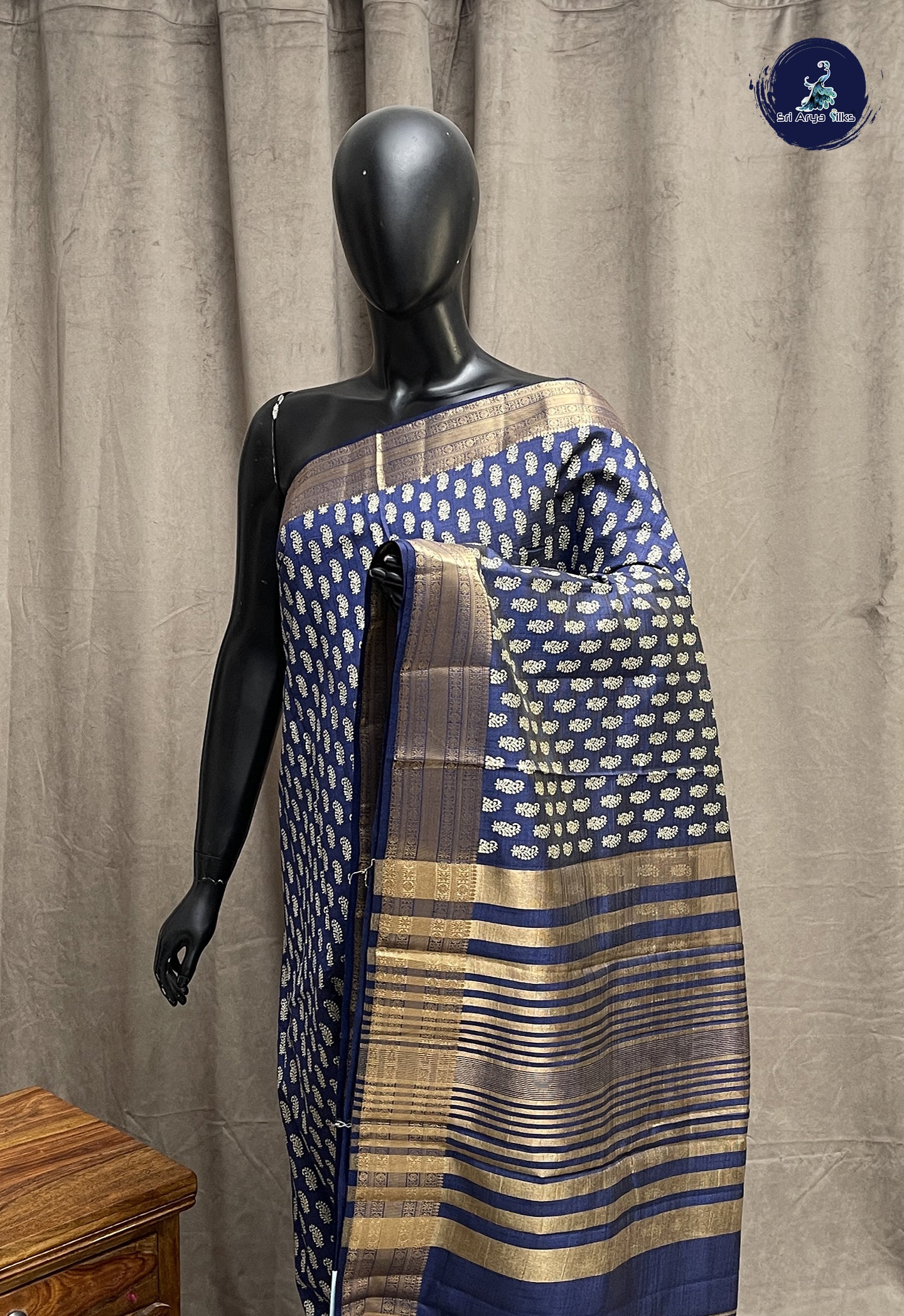 Dark Blue Semi Tussar Saree With Printed Pattern