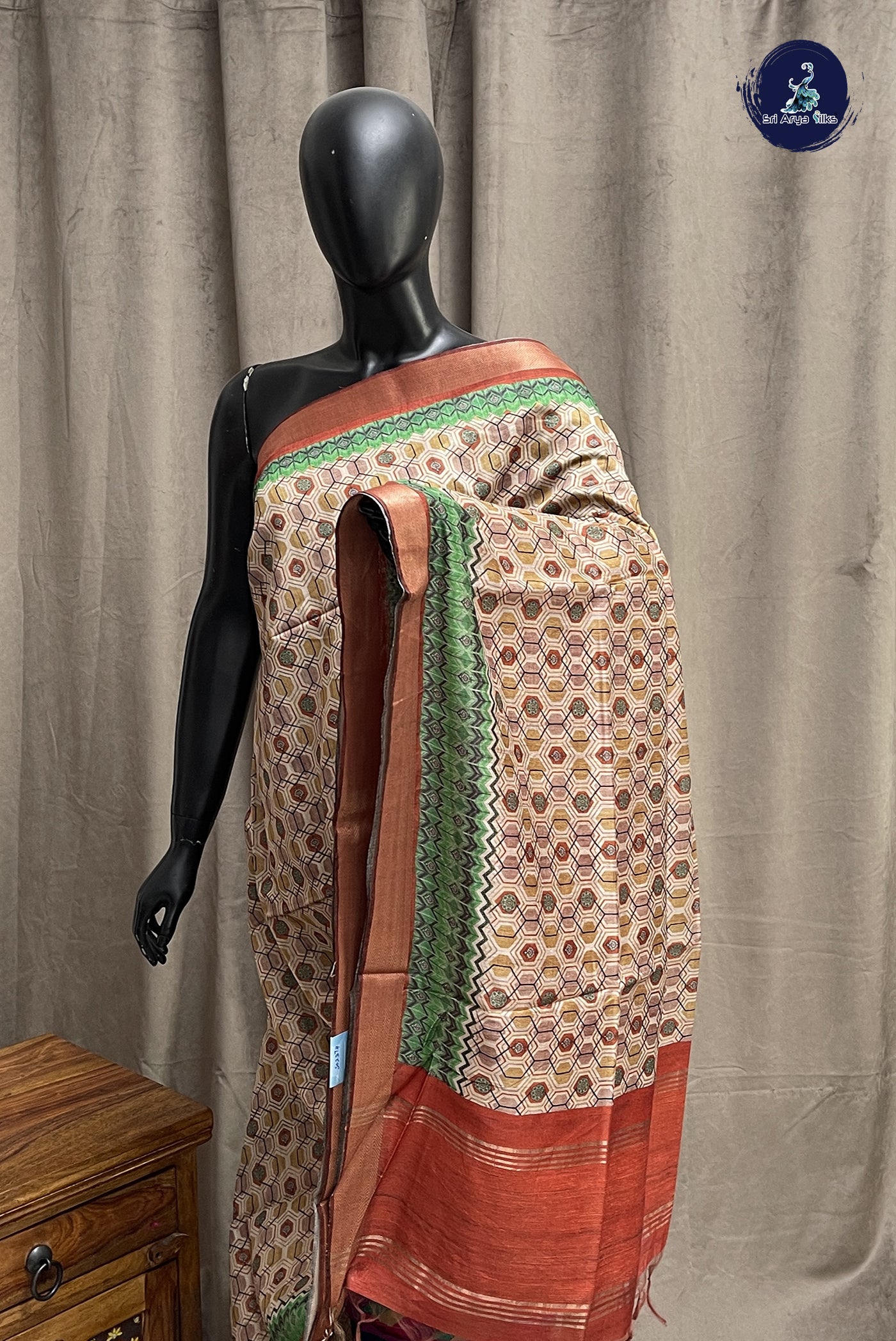 Chikku Shade Semi Chanderi Saree With Printed Pattern