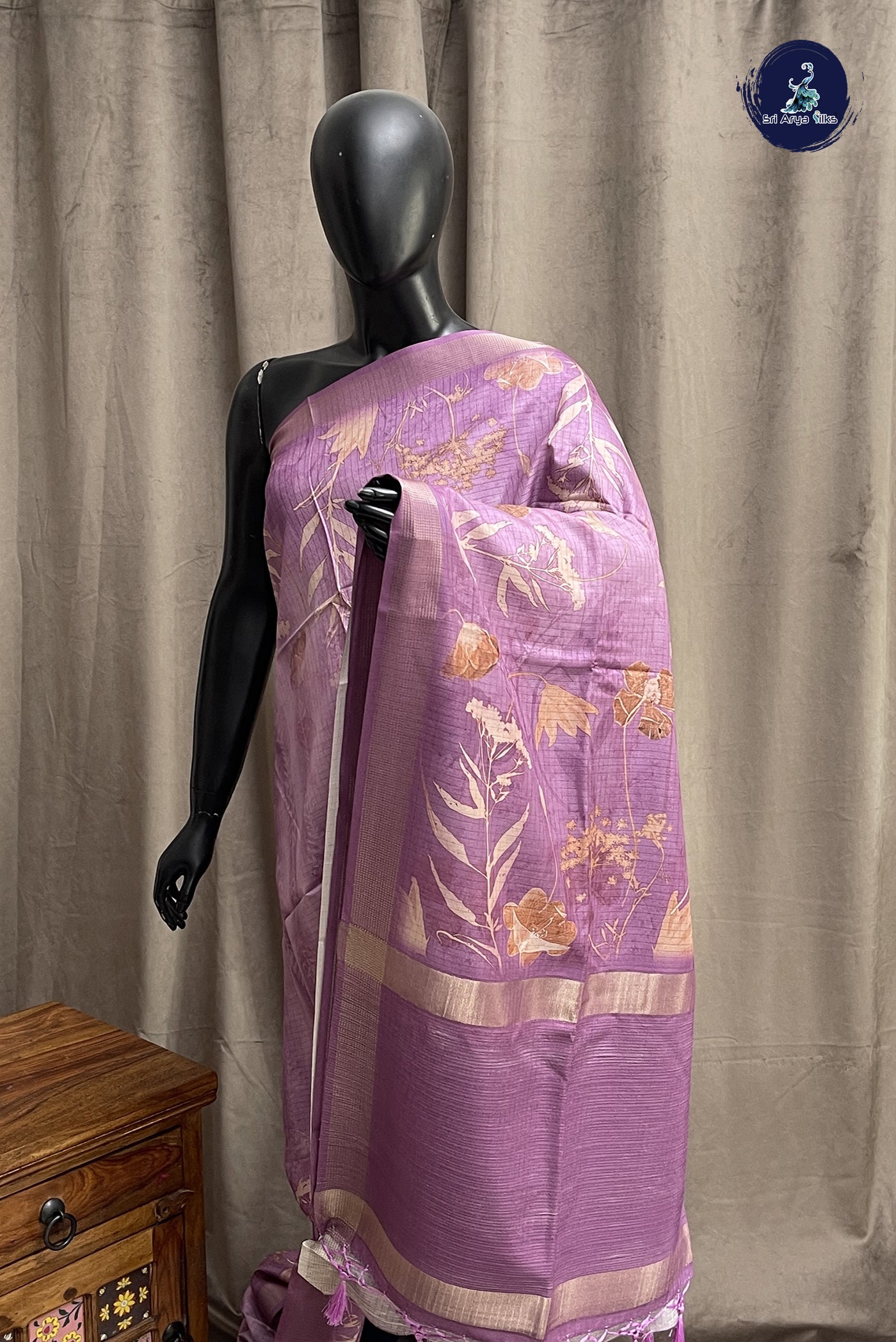 Lavender Semi Raw Silk Saree With Floral Print Pattern