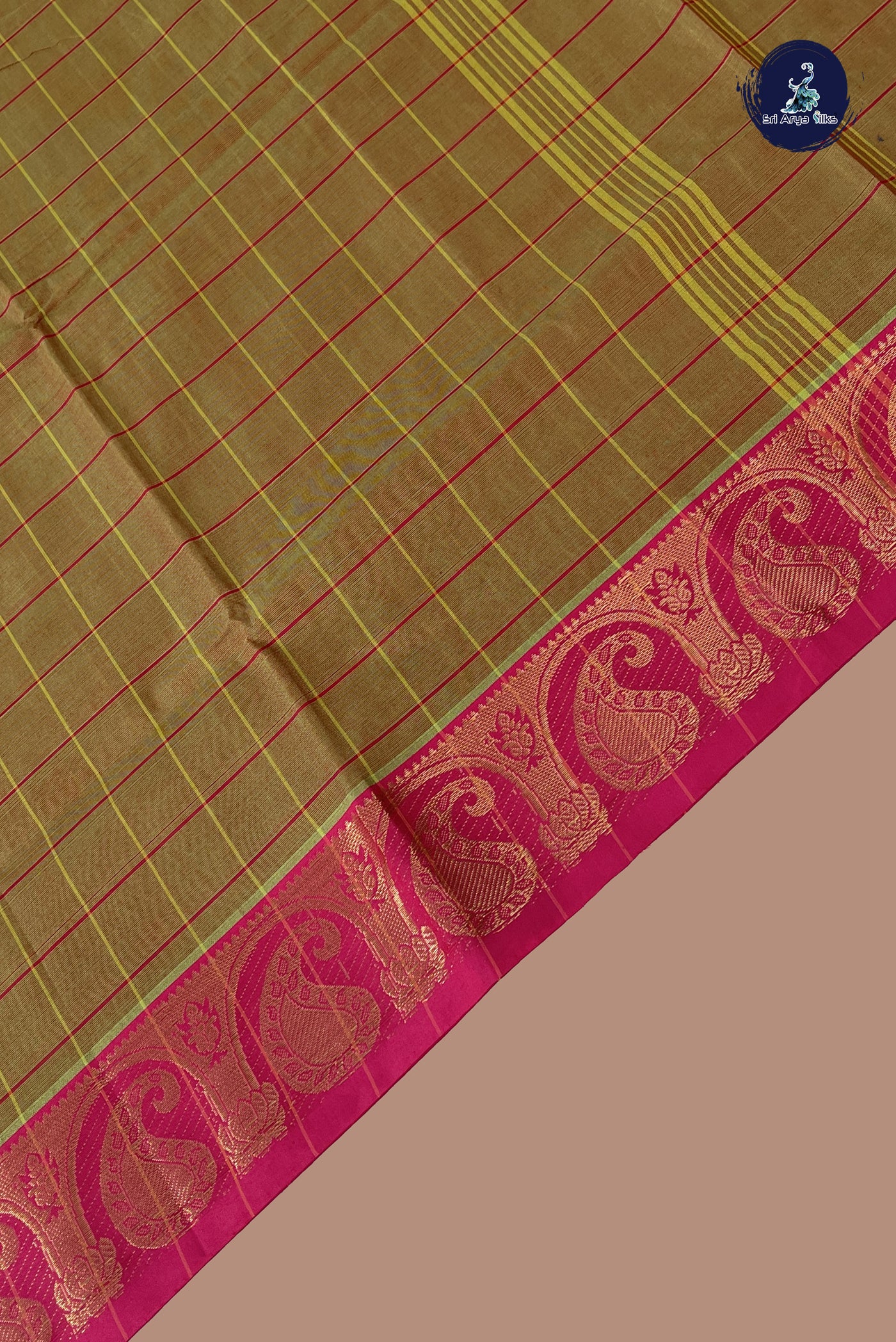 Dual Tone Mehendi Green Chettinad Cotton Saree With Checked Pattern