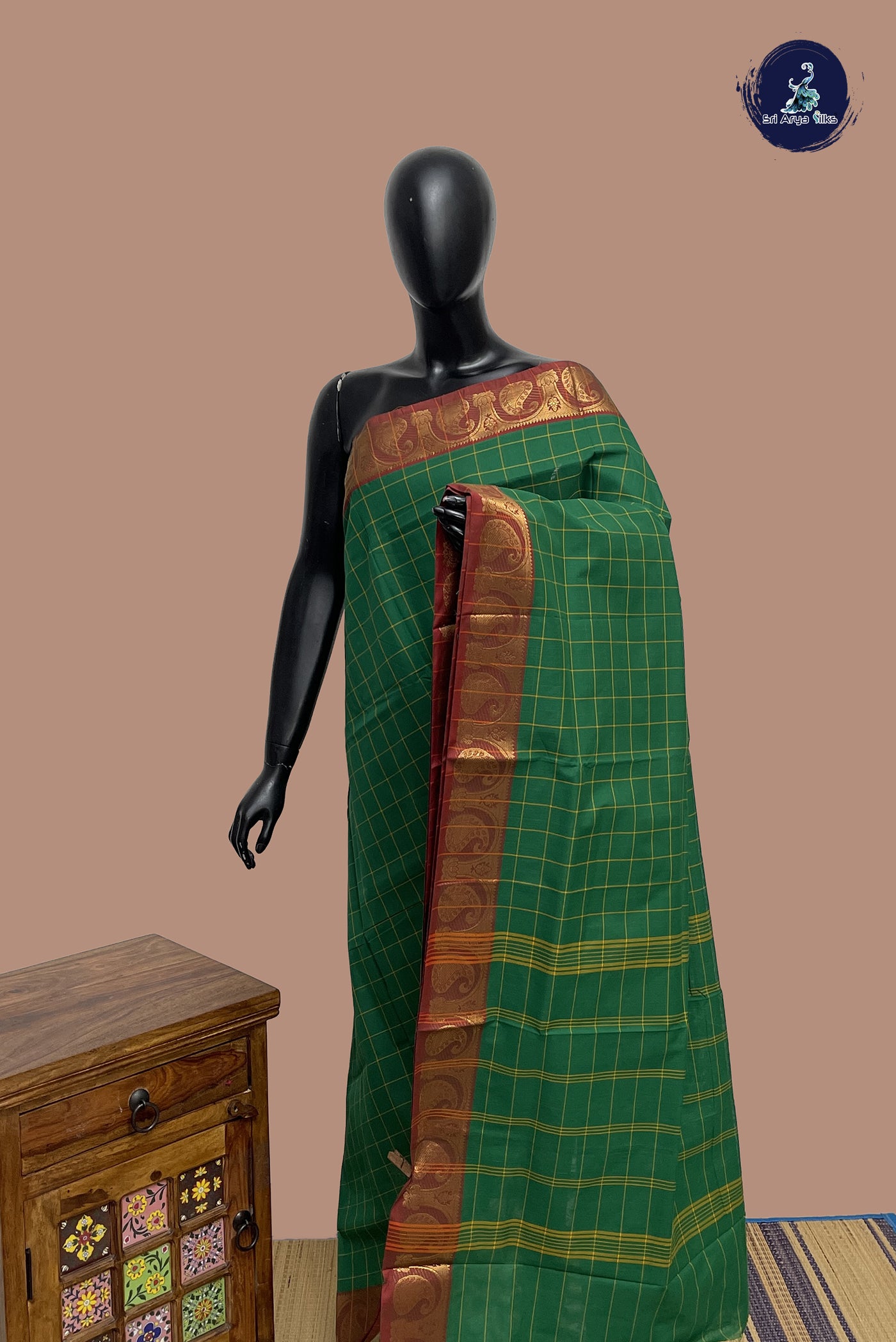 Green Chettinad Cotton Saree With Checked Pattern