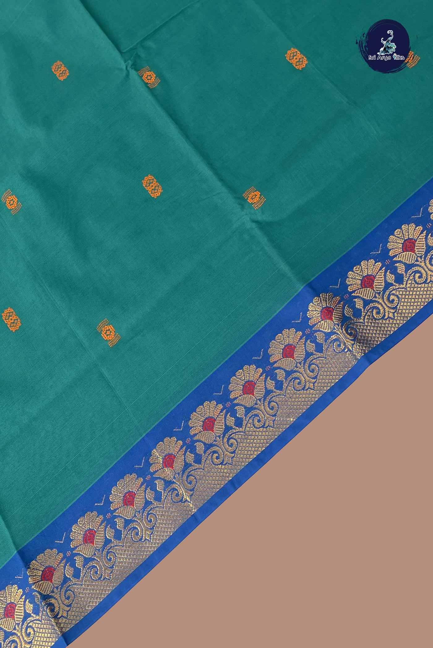 Teal Chettinad Cotton Saree With Buttas Pattern