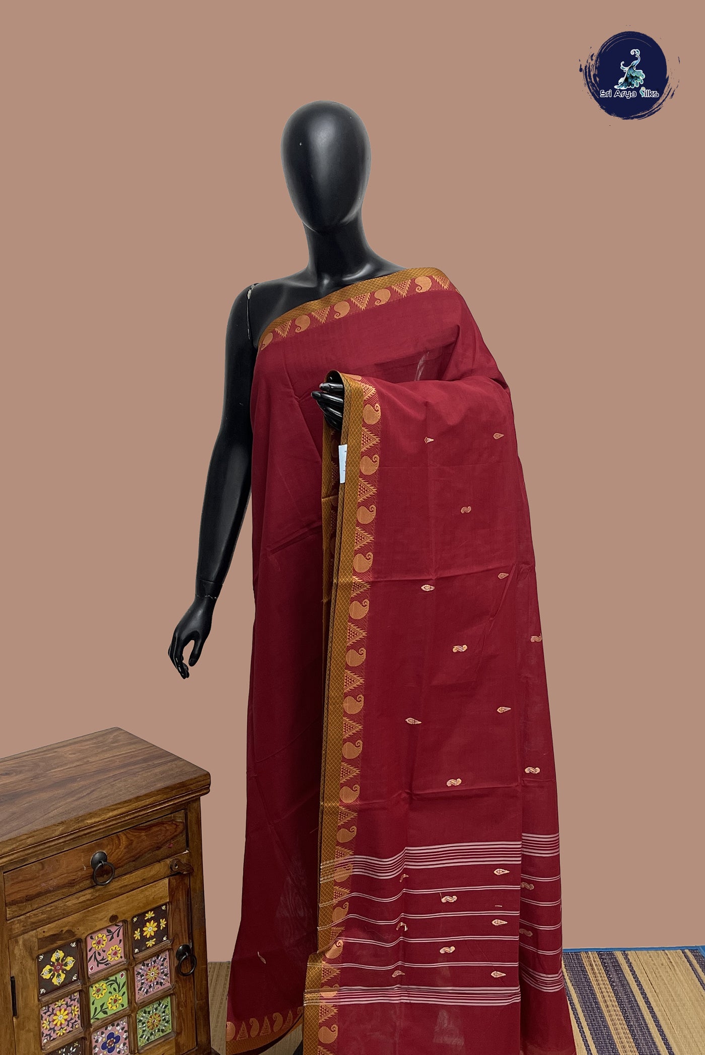 Maroon Chettinad Cotton Saree With Buttas Pattern