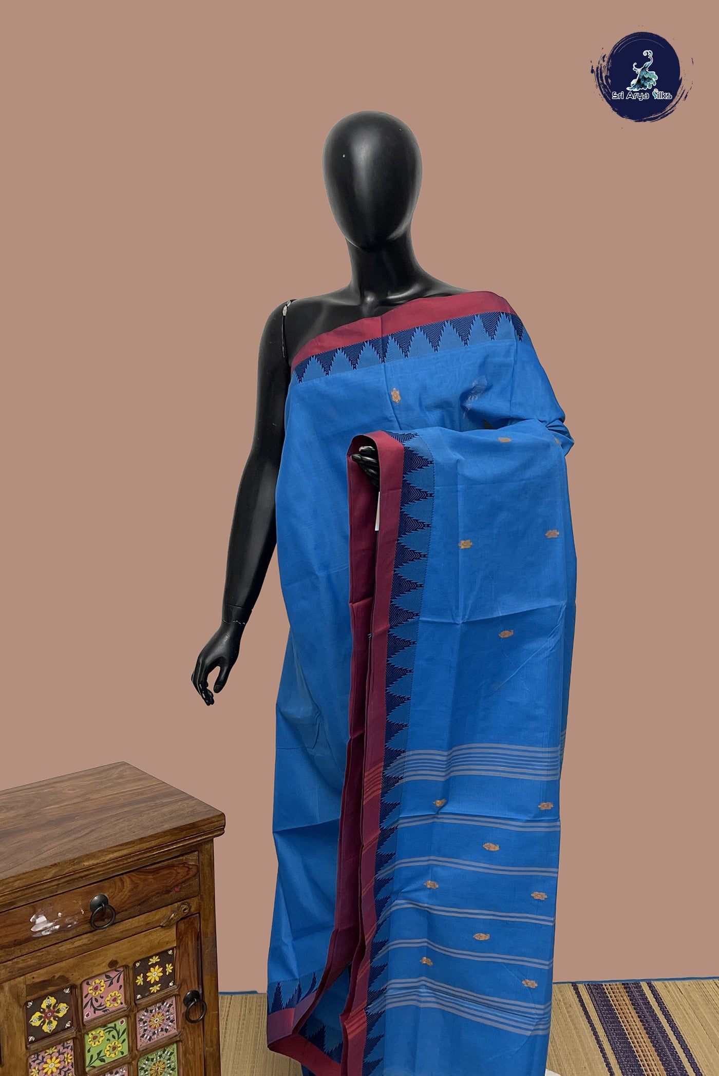 Copper Sulphate Blue Chettinad Cotton Saree With Buttas Pattern