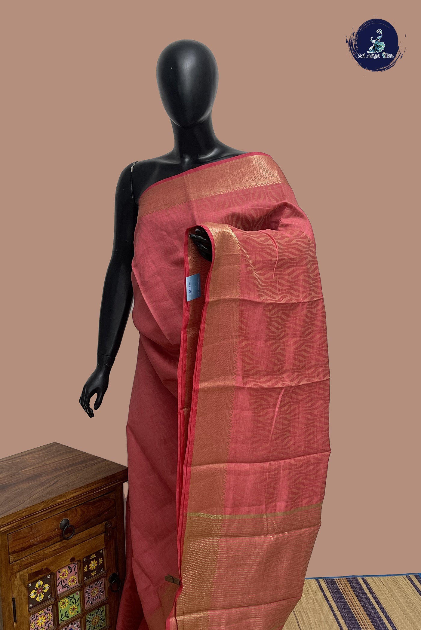 Peach Pink Semi Tussar Saree With Embossed Pattern