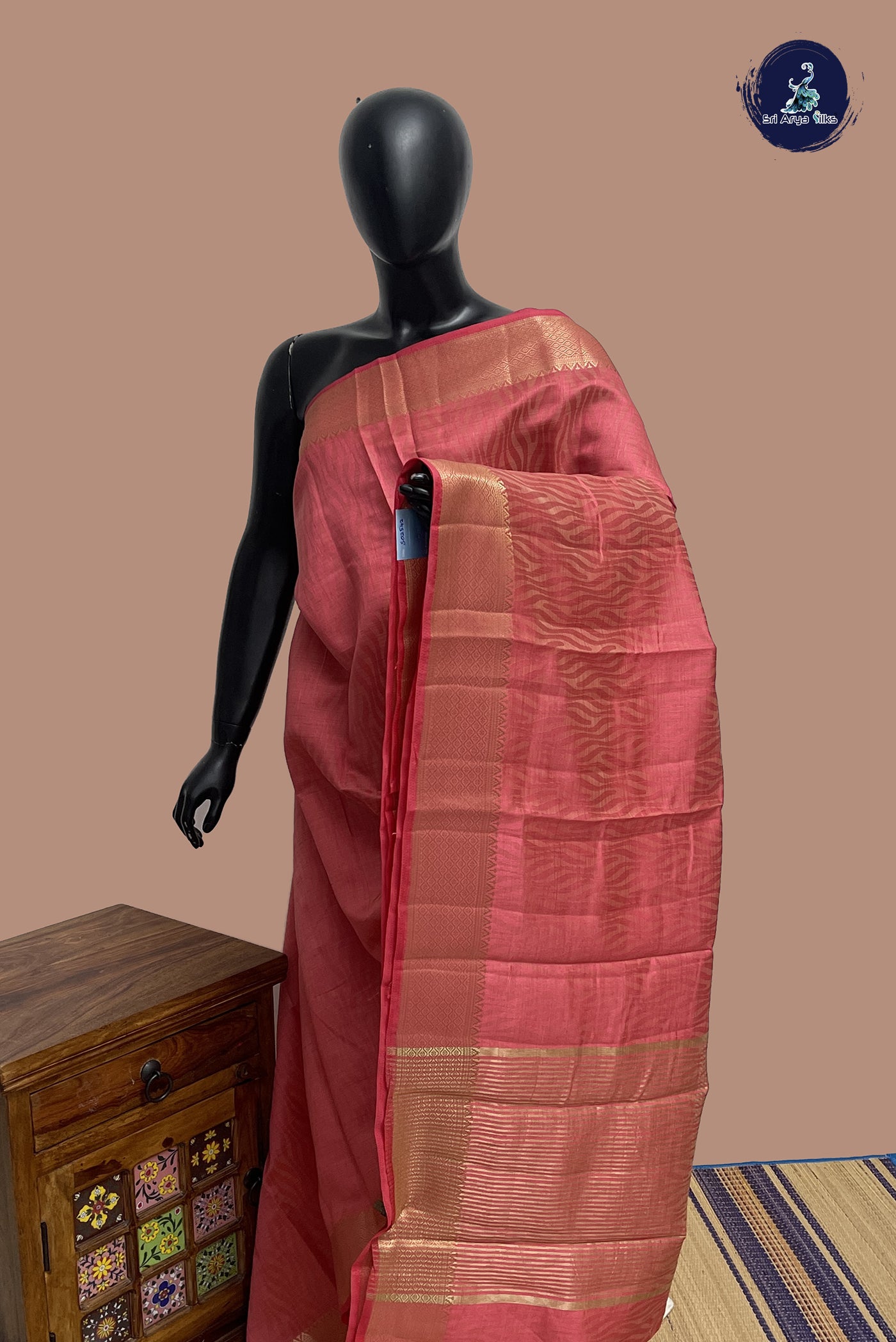 Peach Pink Semi Tussar Saree With Embossed Pattern